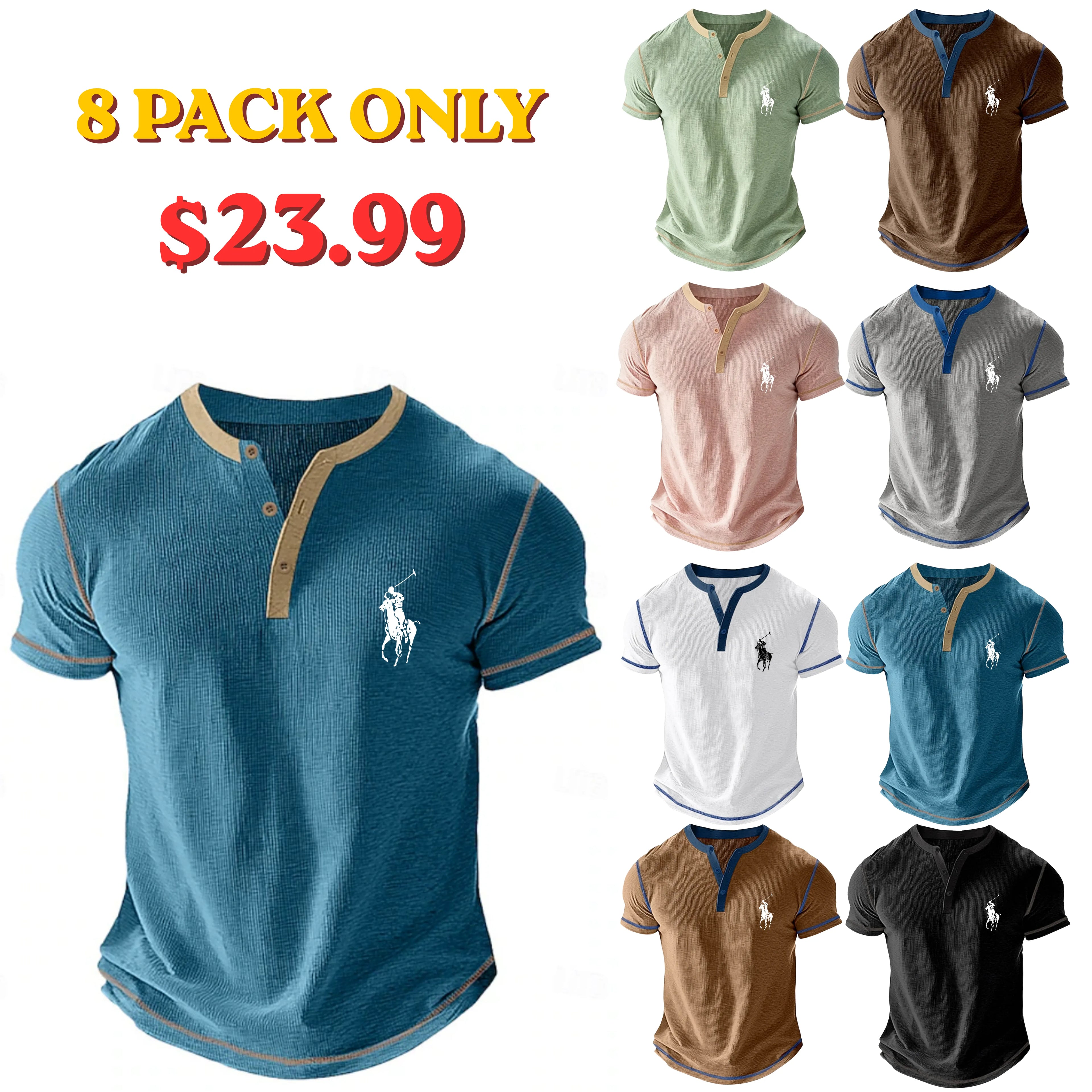 Men's Waffle Henley Shirt Tee Short Sleeve Solid Color Vintage Buttons Henley