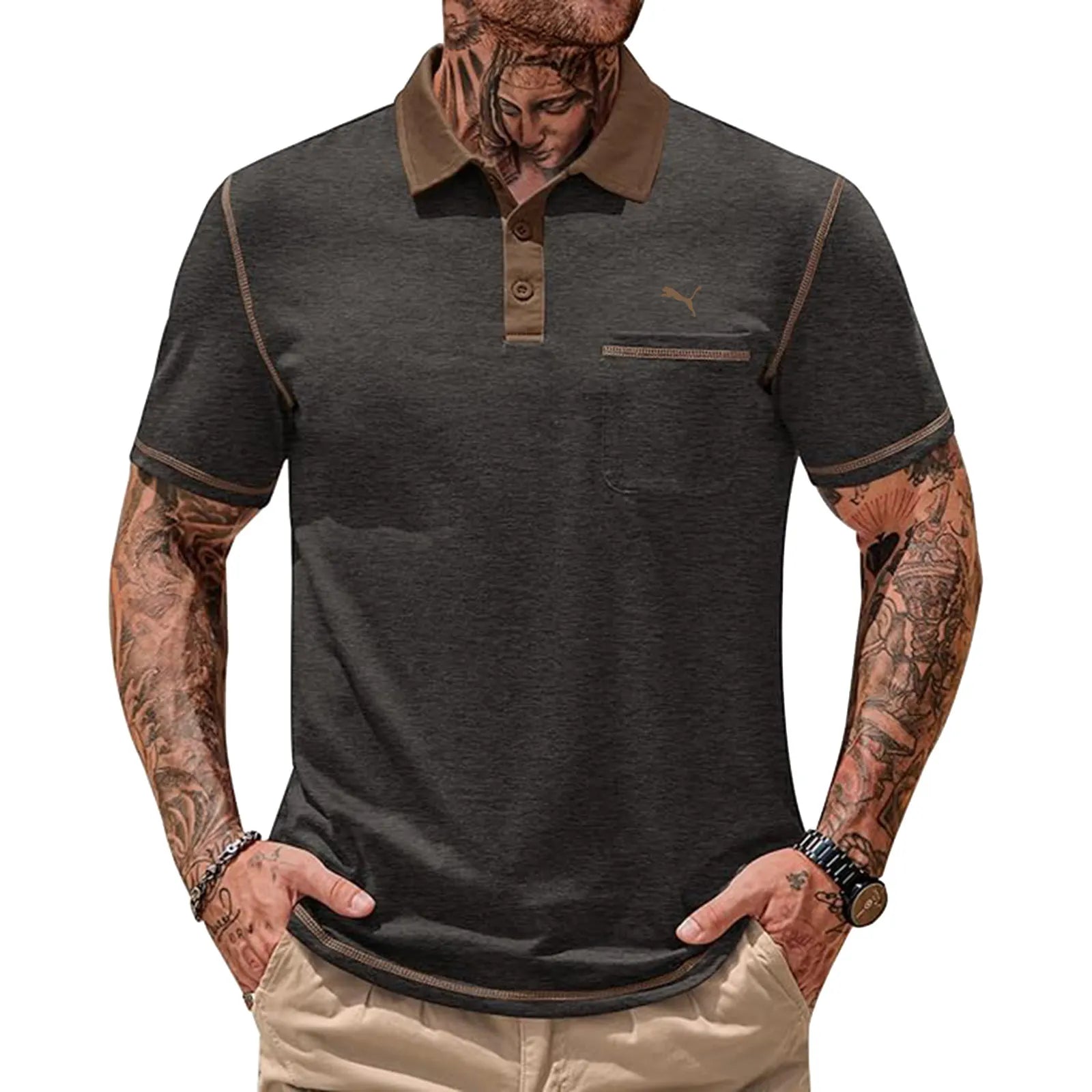 Mens Polo Shirts Casual Color Block Collar Short Sleeve Shirt with Pocket