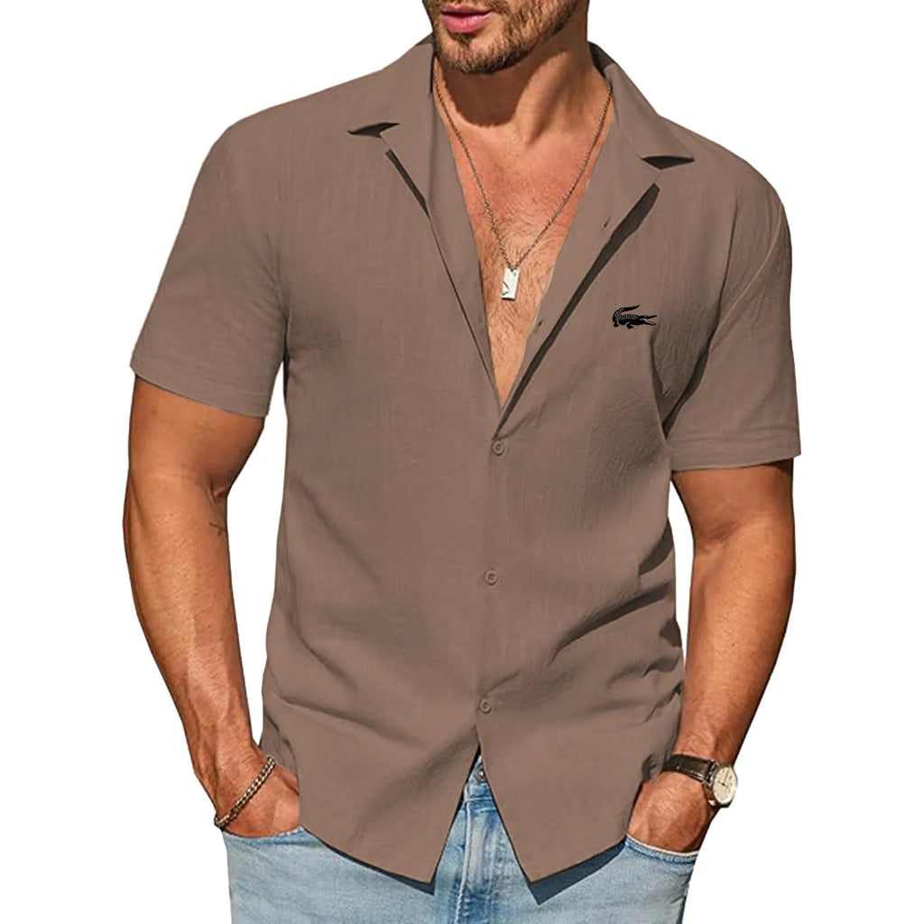 Mens Button Down Cotton Shirt Short Sleeve Casual Linen Untucked