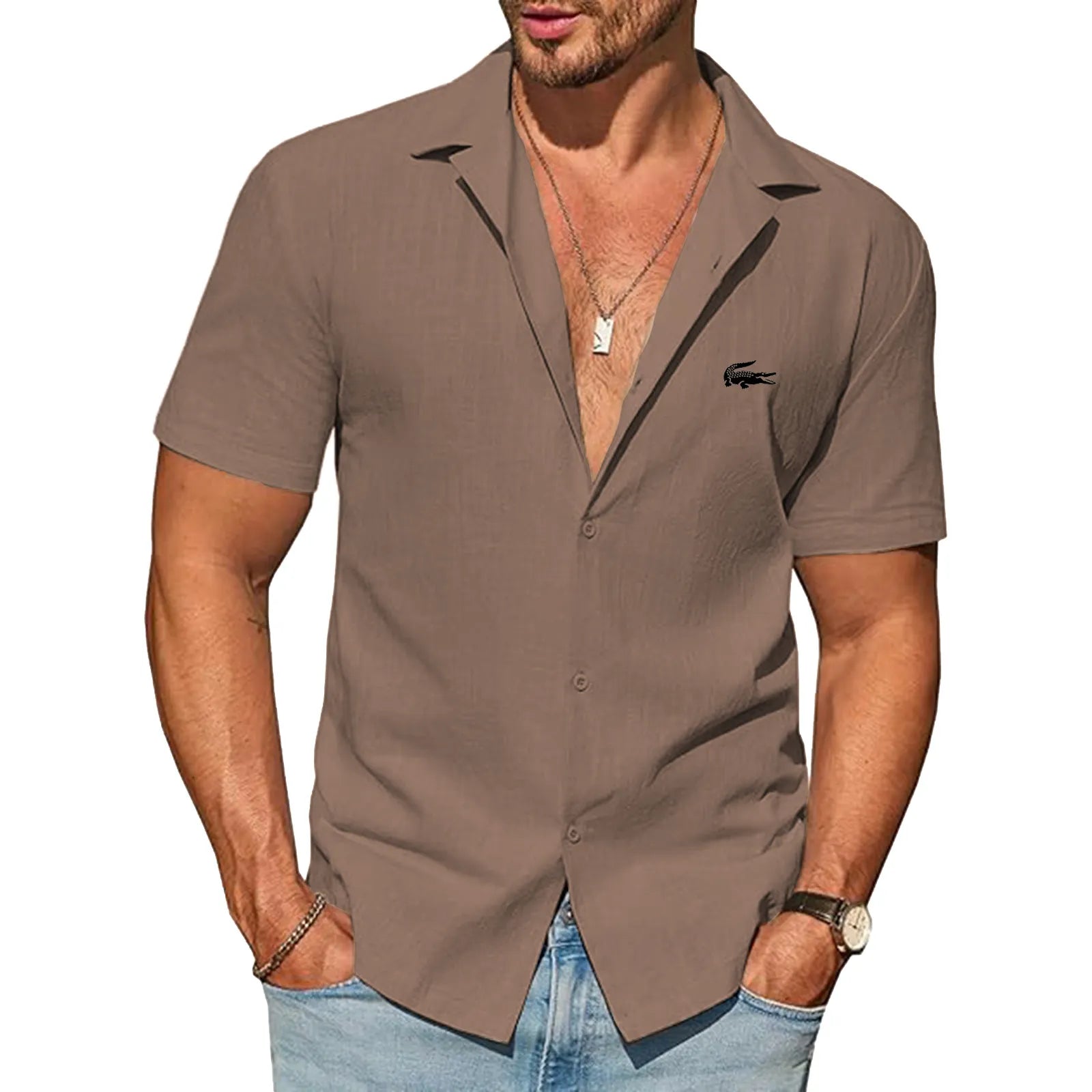 Mens Button Down Cotton Shirt Short Sleeve Casual Linen Untucked