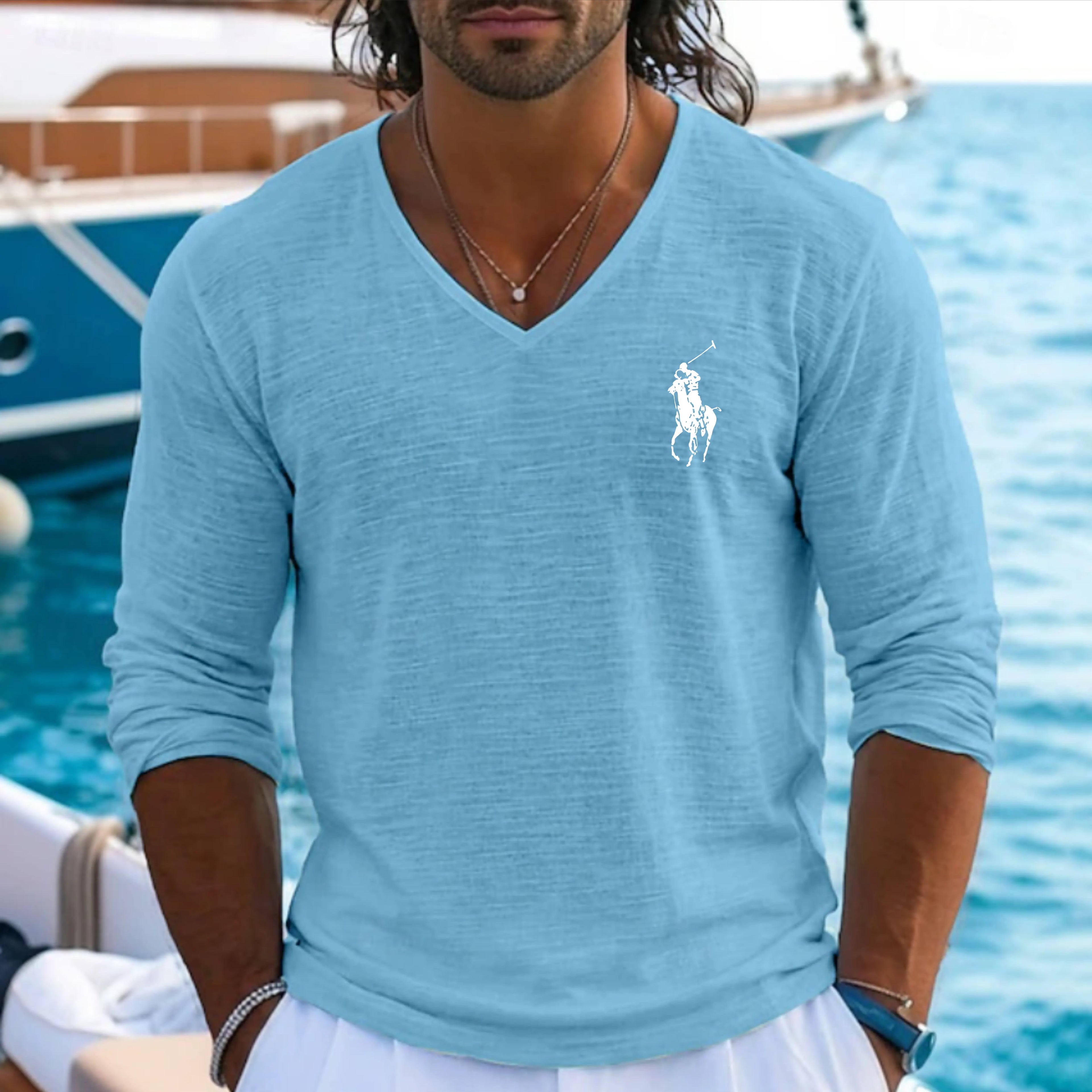 Men's Tee Top Linen T-Shirt Long Sleeve V Neck Summer Spring Spring & Summer Solid Color