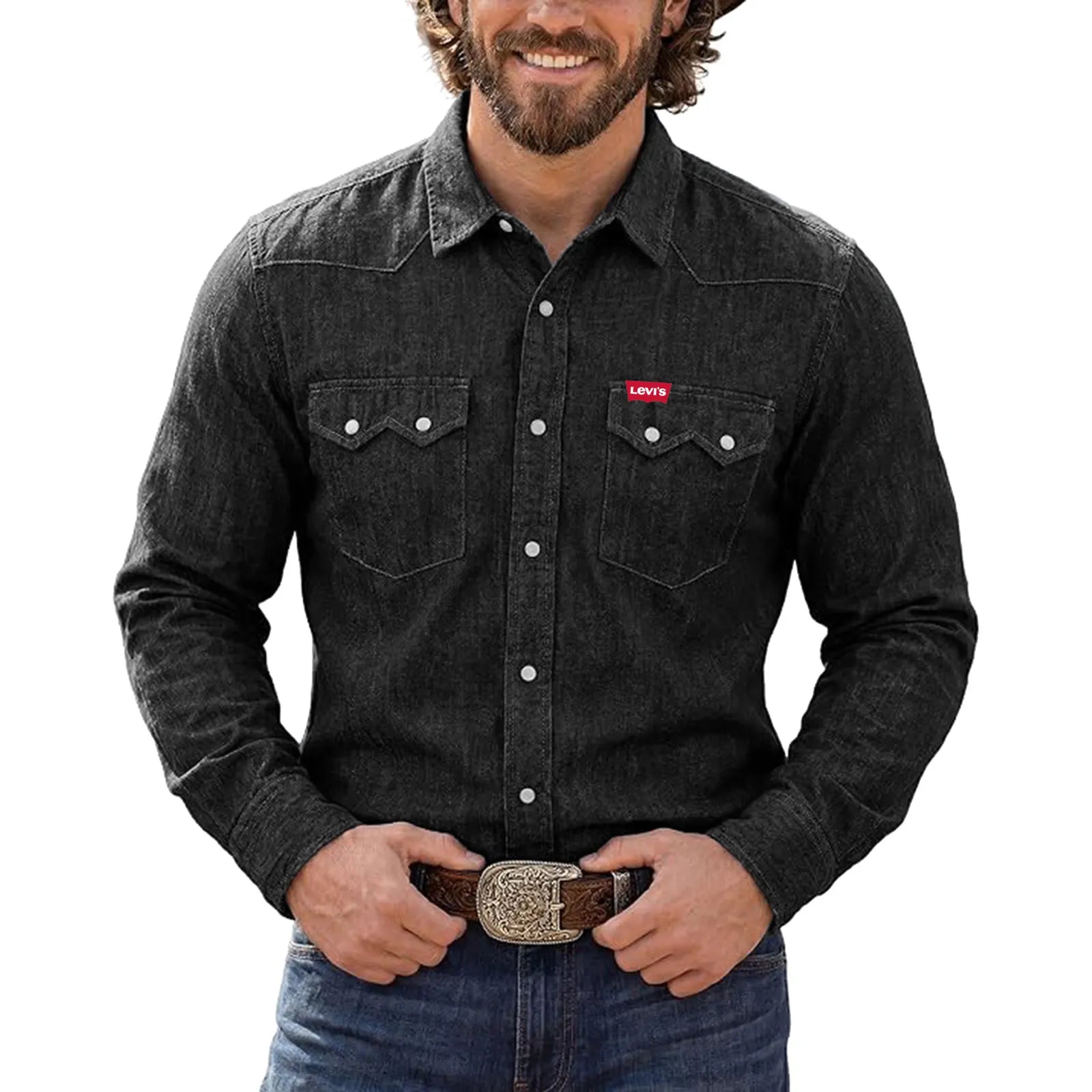 Mens Western Pearl Snap Denim Shirt Linen Blend Long Sleeve Lightweight