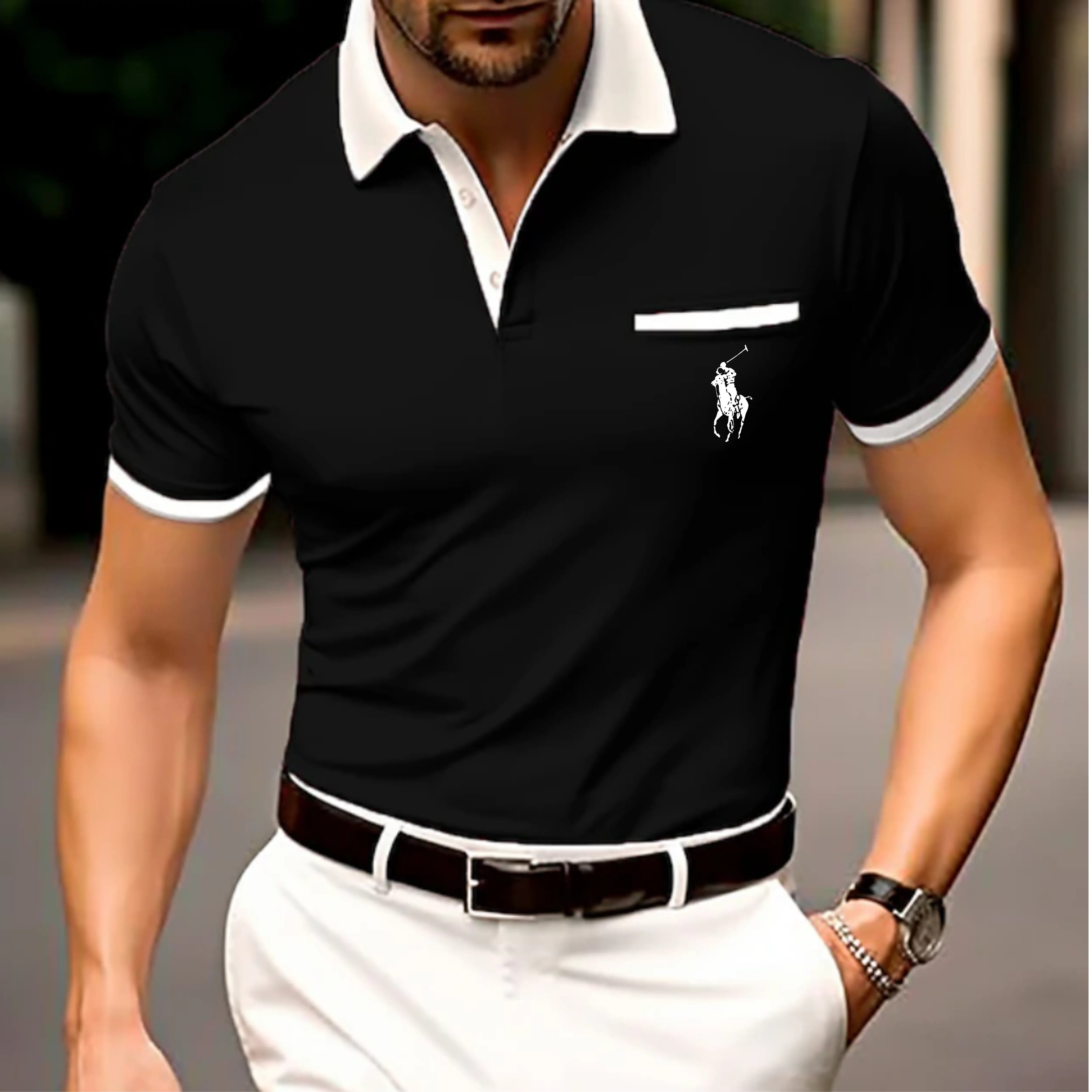 Men's Button Up Polos Cotton Polo Shirt Casual Holiday Lapel Ribbed Polo