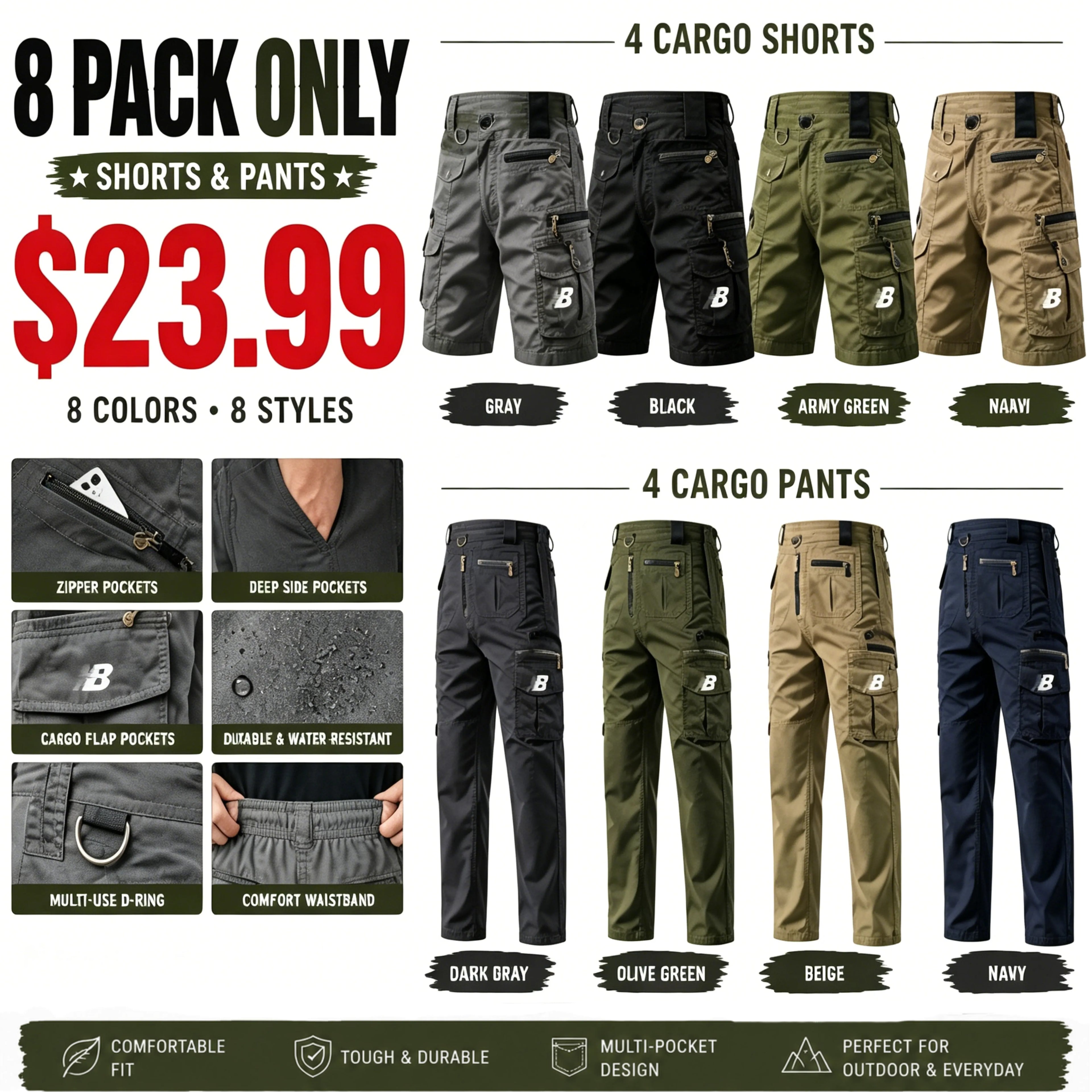 Men's work trousers  zip pockets multiple pockets  solid colour outdoor