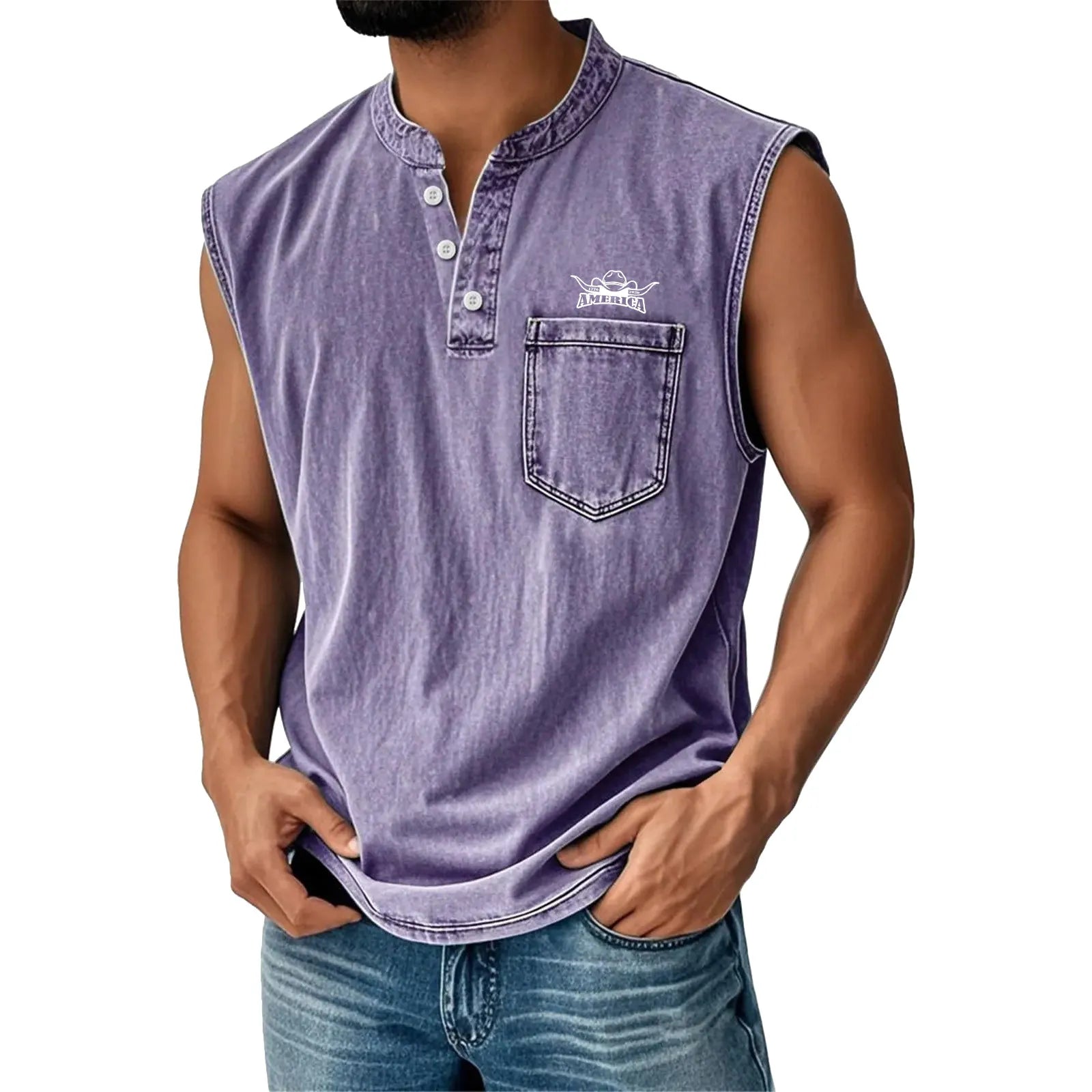 Work vest, Western vest, Casual sports outdoor vest, Henley collar button vest