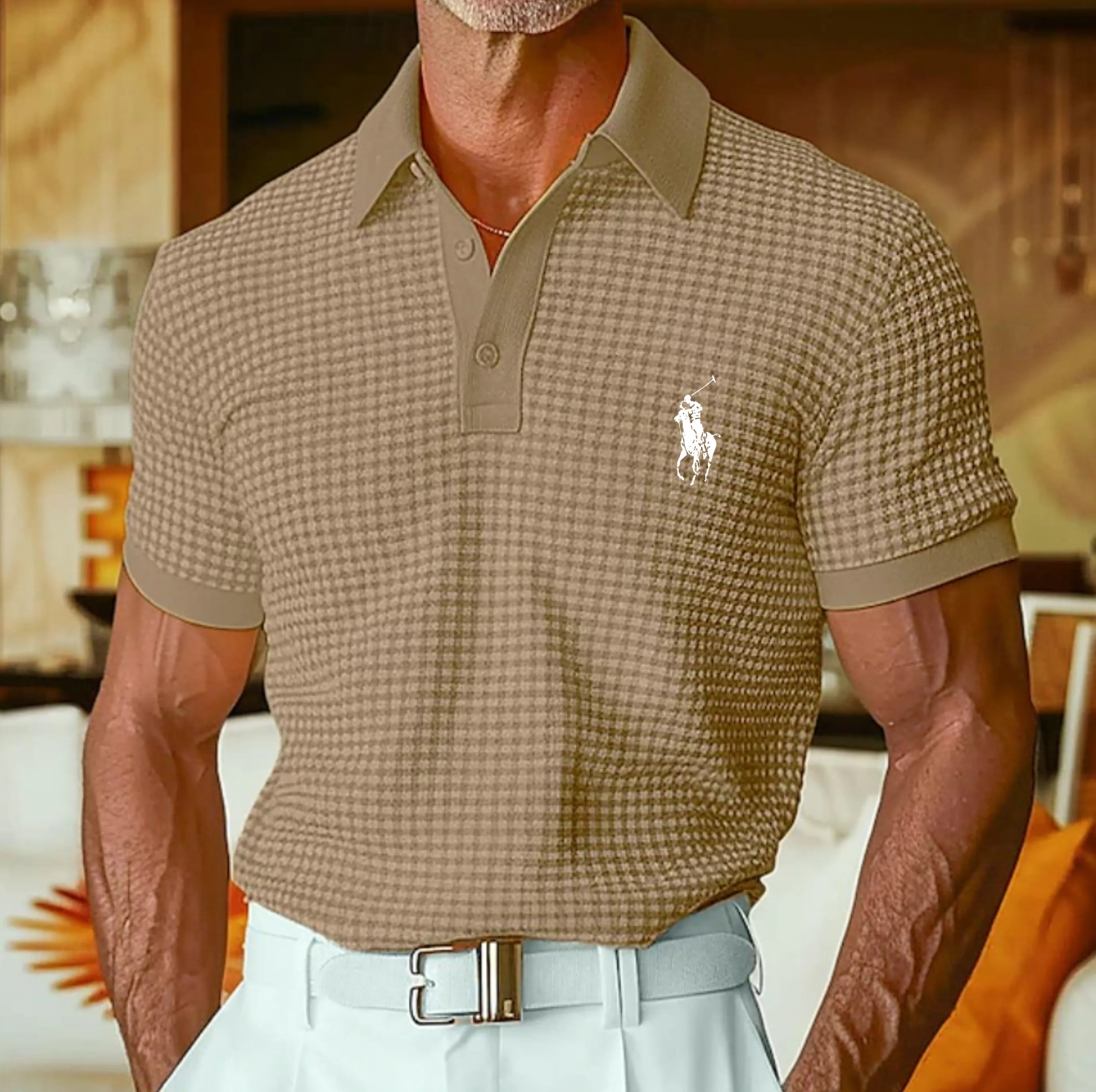 Men's Waffle Polo Shirts Textured Casual Holiday Lapel Ribbed Polo Collar Short