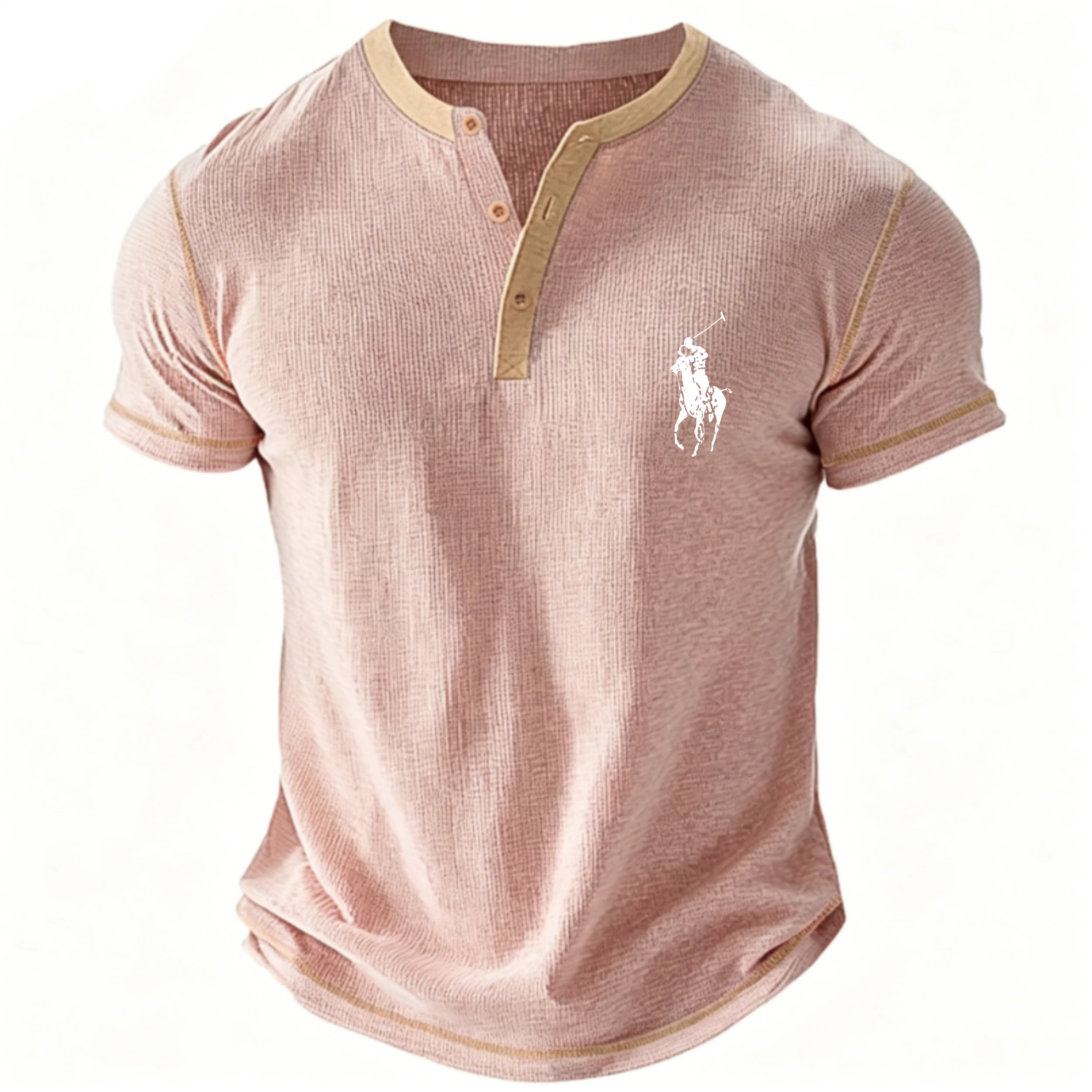 Men's Waffle Henley Shirt Tee Short Sleeve Solid Color Vintage Buttons Henley