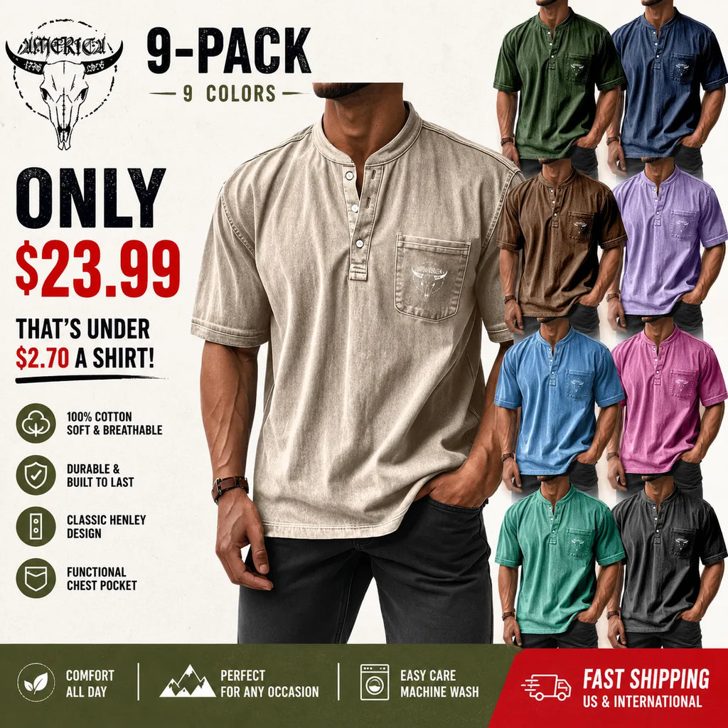 Men's Washed Cotton Short-Sleeve Henley Collar T-Shirt (Upgraded Version)