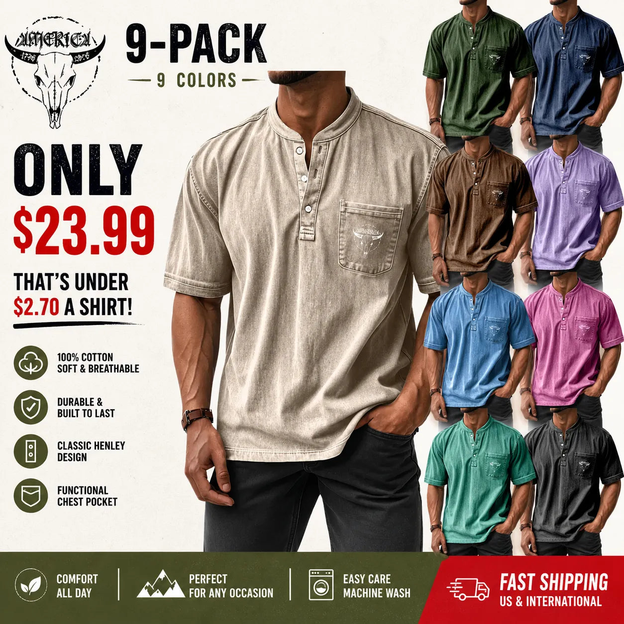 Men's Washed Cotton Short-Sleeve Henley Collar T-Shirt (Upgraded Version)