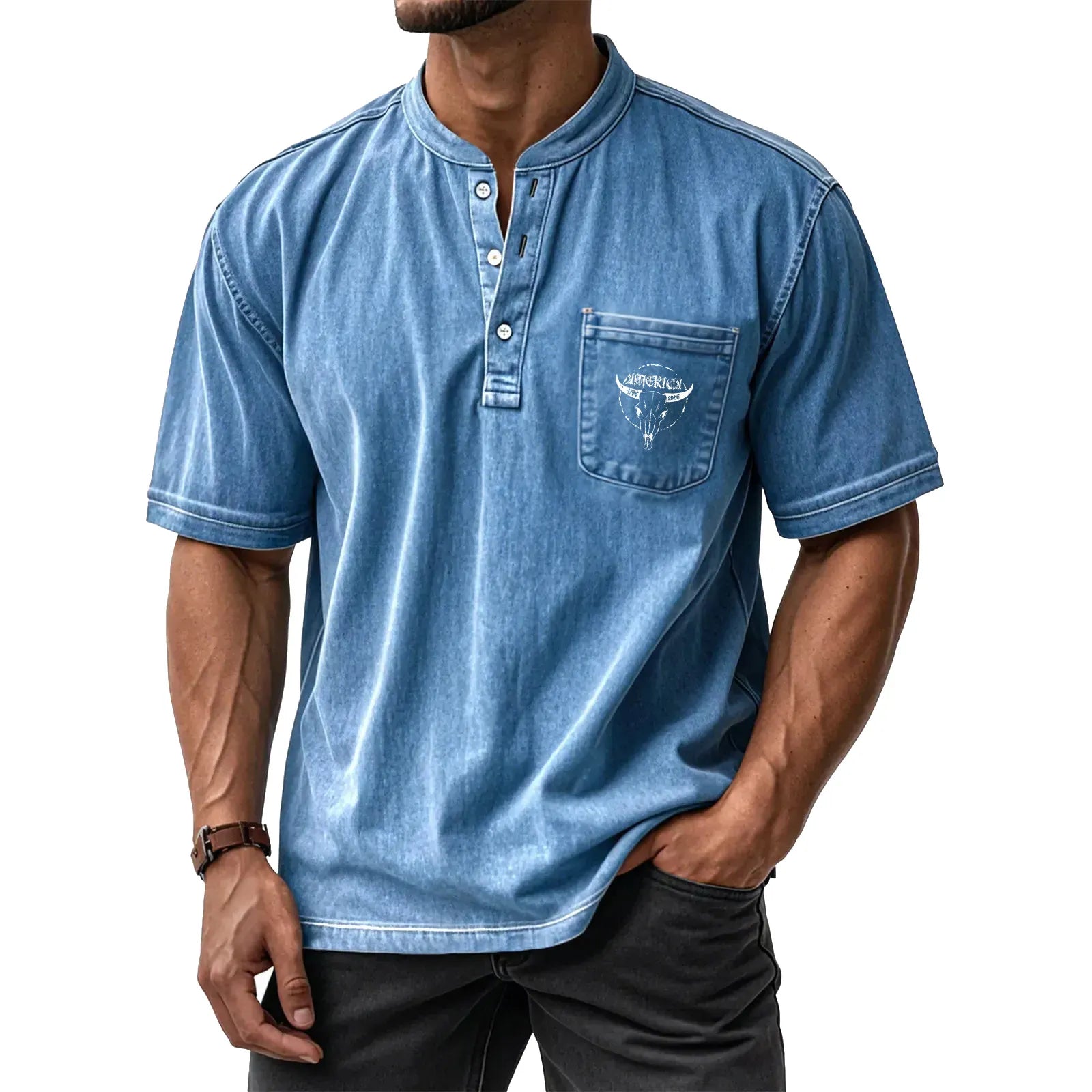 Men's Washed Cotton Short-Sleeve Henley Collar T-Shirt (Upgraded Version)