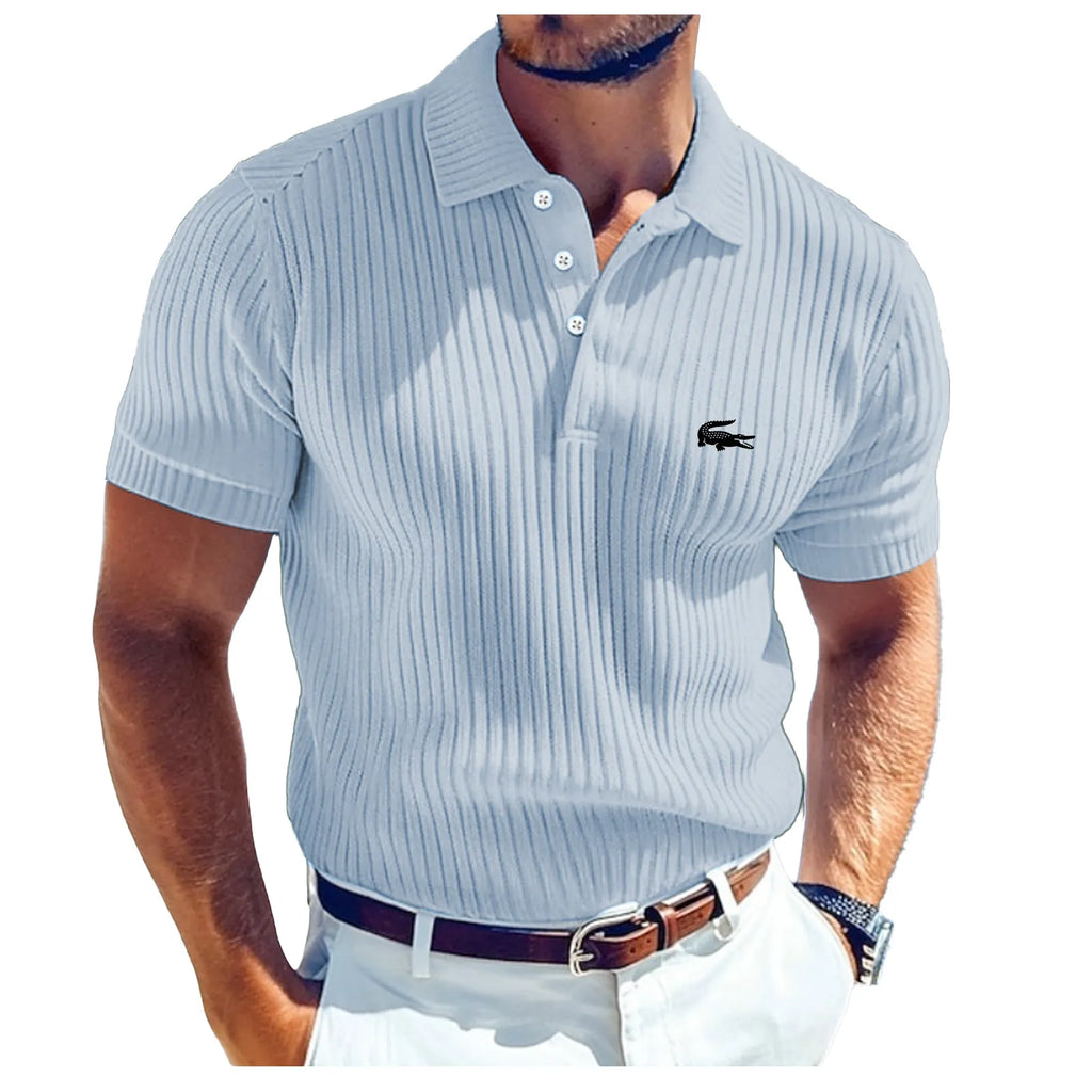 Men's Rib Knit Top Textured Casual Work Lapel Ribbed Polo Collar Short Sleeve Basic Modern