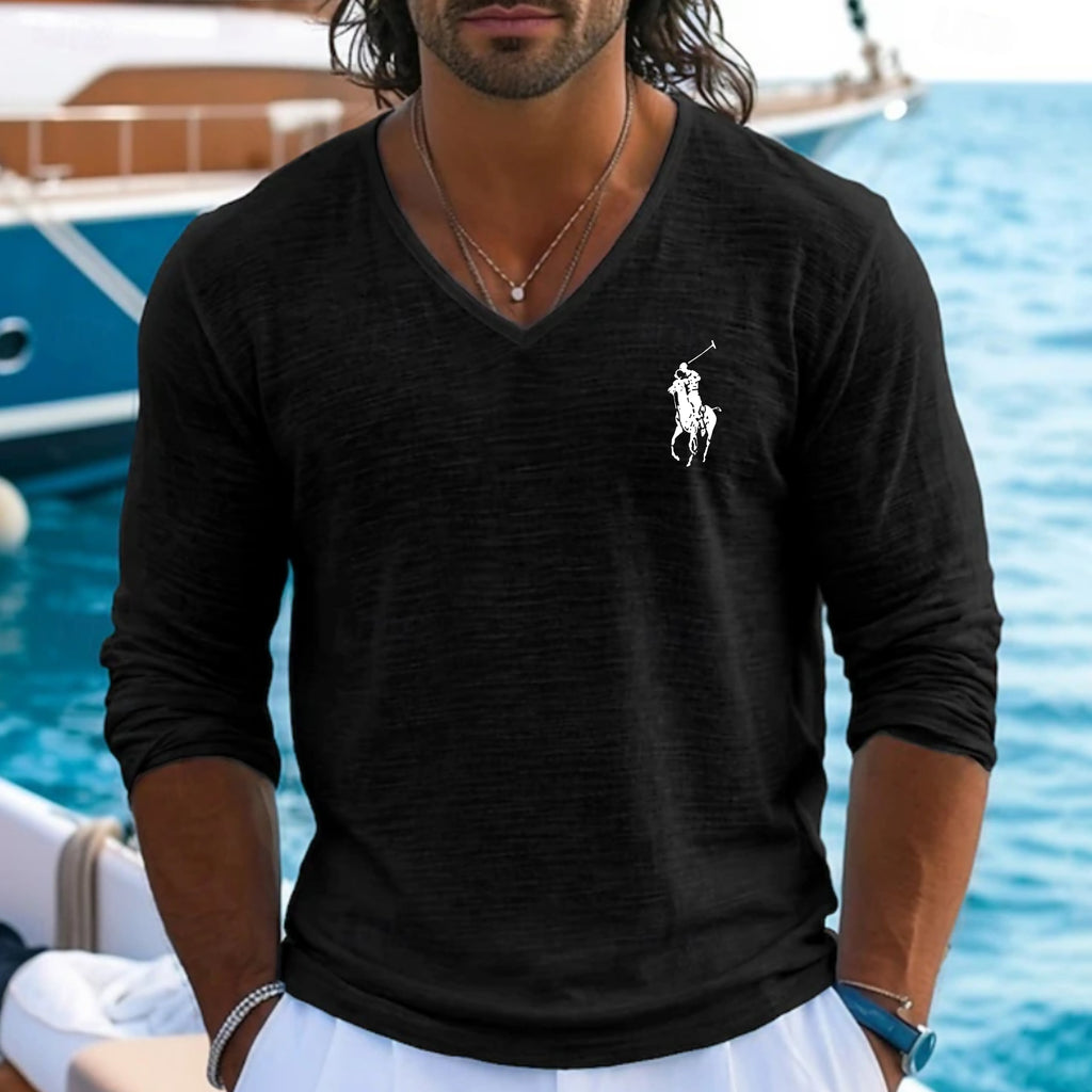 Men's Tee Top Linen T-Shirt Long Sleeve V Neck Summer Spring Spring & Summer Solid Color