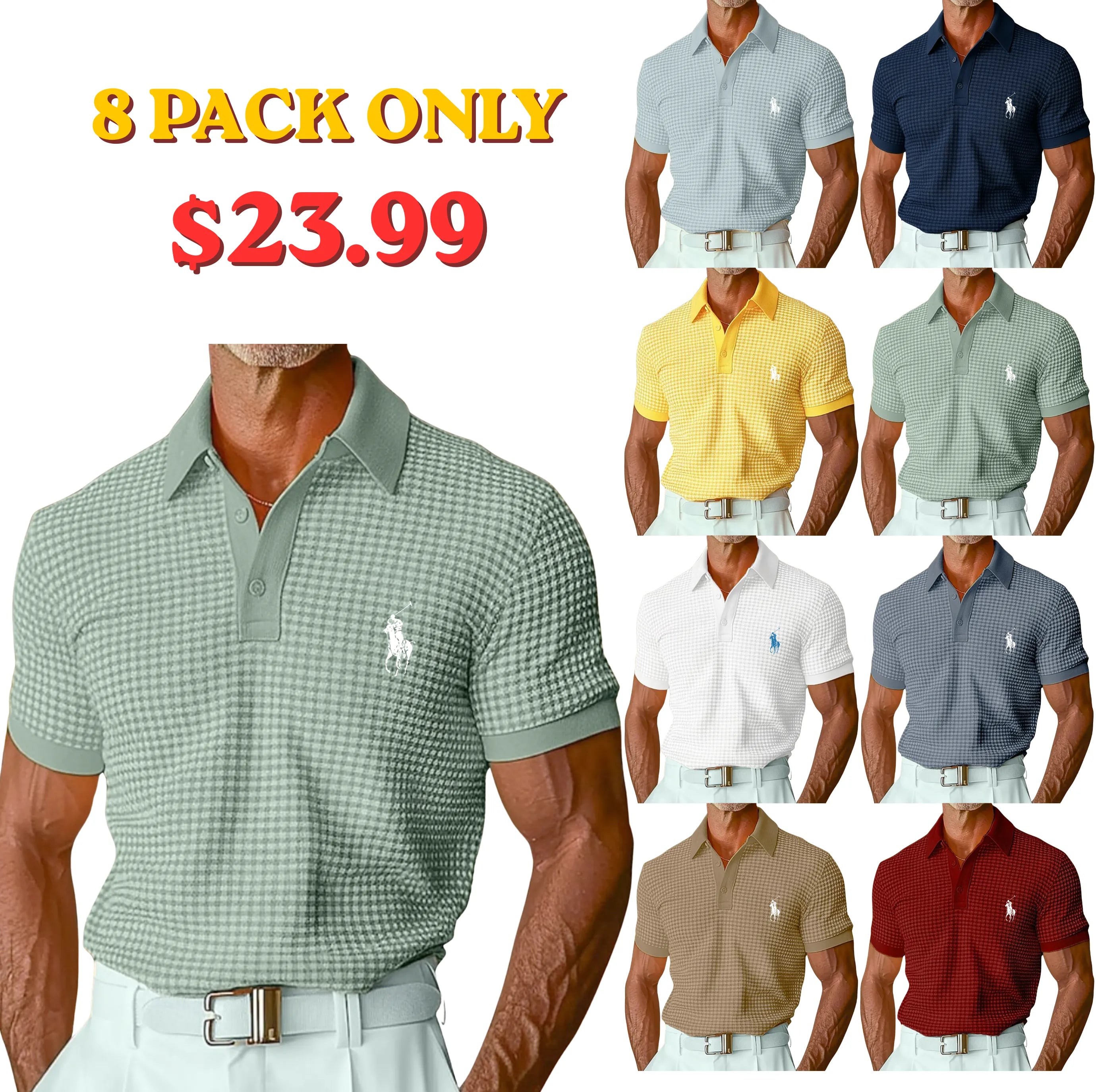 Men's Waffle Polo Shirts Textured Casual Holiday Lapel Ribbed Polo Collar Short