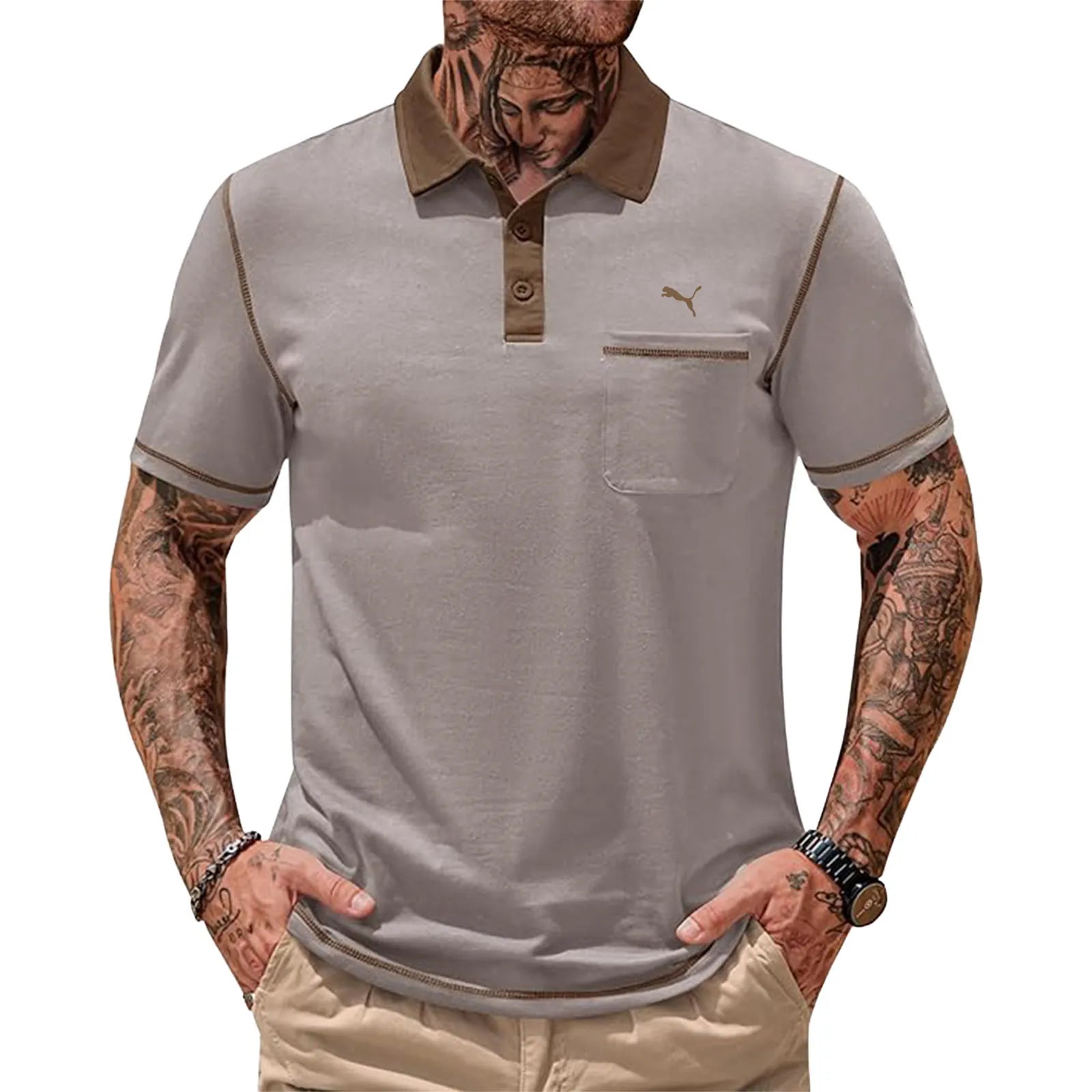 Mens Polo Shirts Casual Color Block Collar Short Sleeve Shirt with Pocket