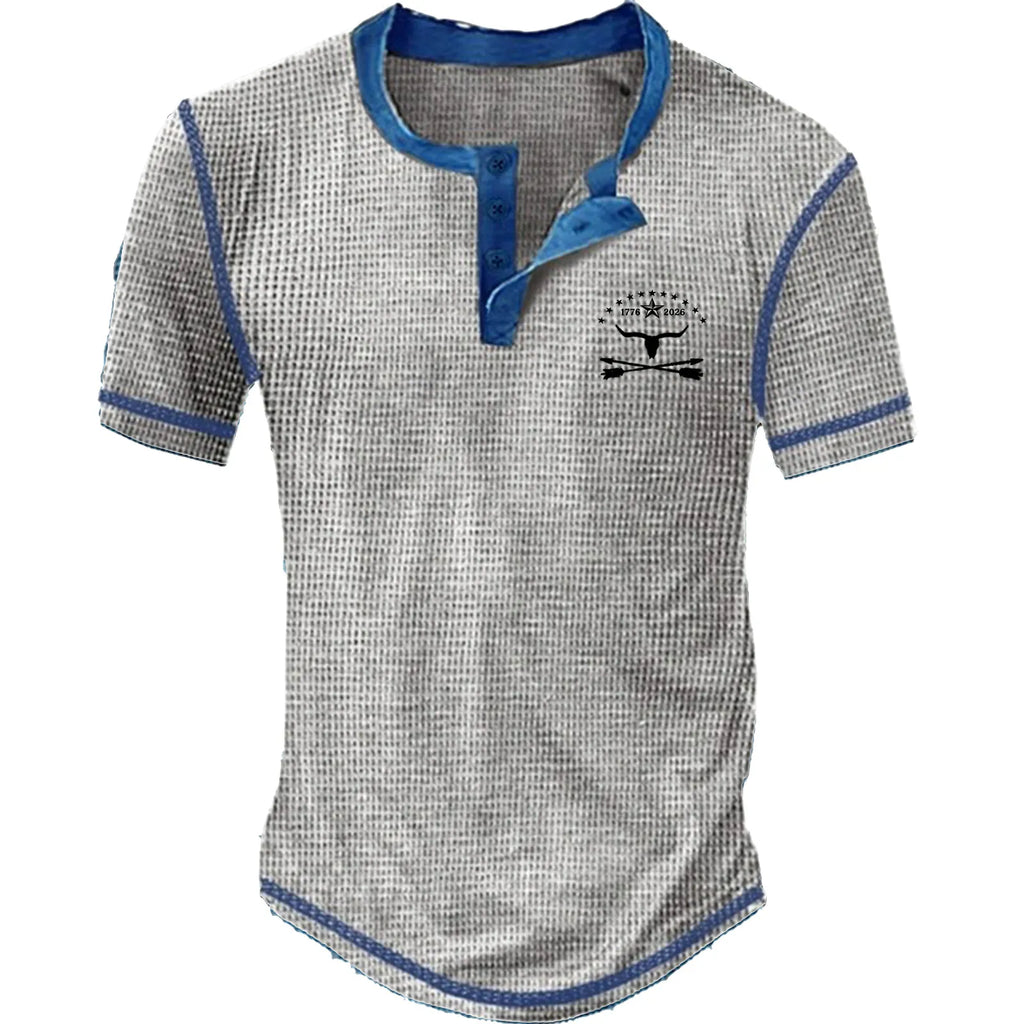 Men's waffle knit Henley short sleeve check T-shirt