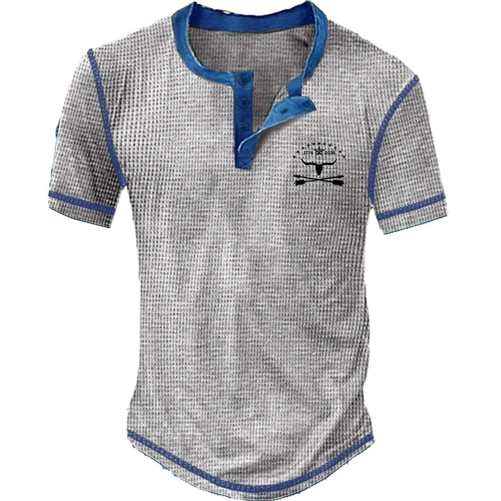 Men's waffle knit Henley short sleeve check T-shirt