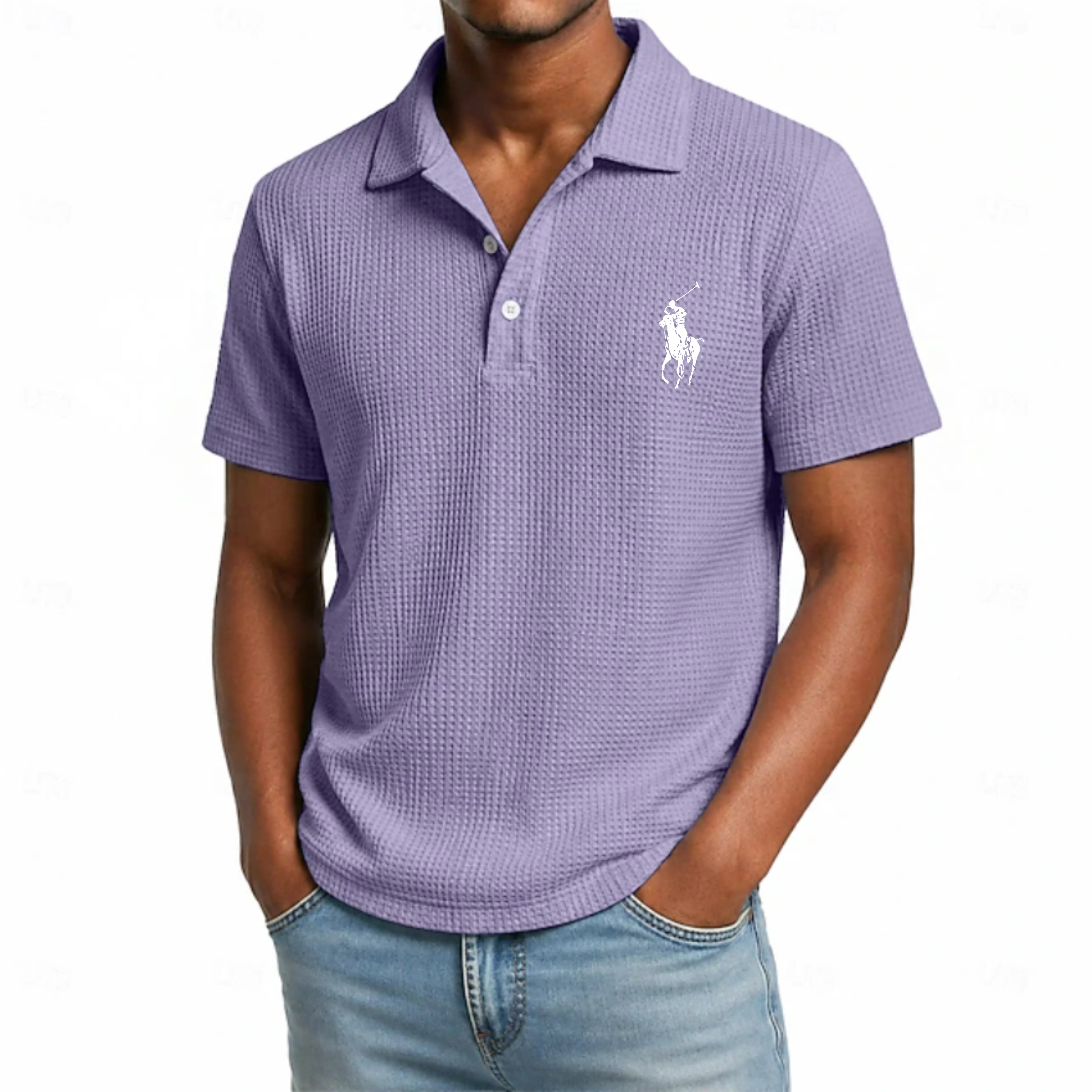 Men's Waffle Polo Shirts Textured Casual Business Turndown Short Sleeve