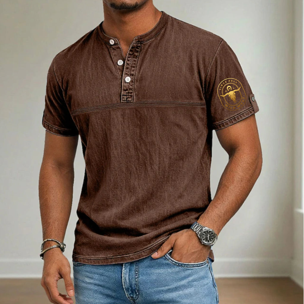 Men's Henley Shirt 100% Cotton Acid Wash Shirt Short Sleeve Henley