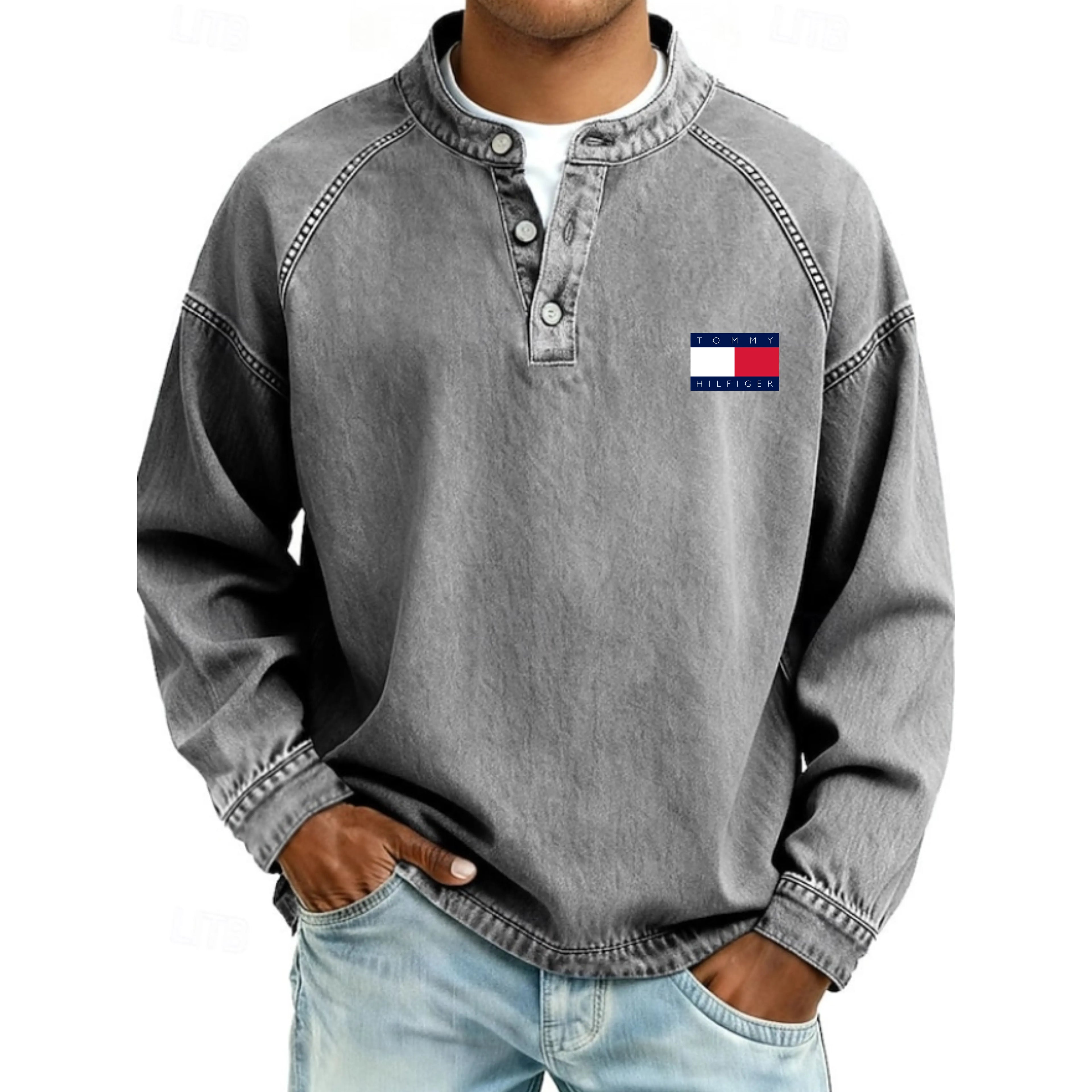 Men's T Shirt Henley Shirt 100% Cotton Acid Wash Shirt Tee Top