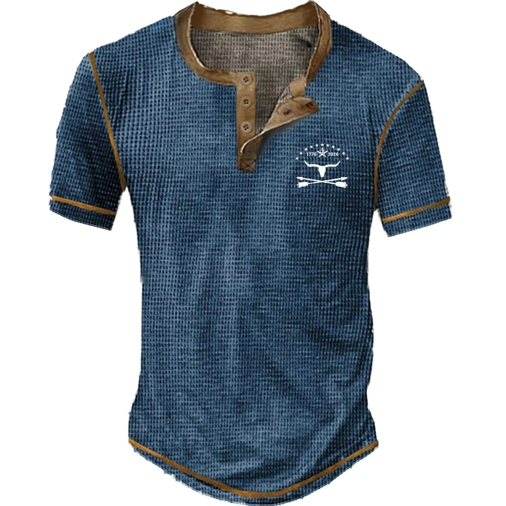 Men's waffle knit Henley short sleeve check T-shirt