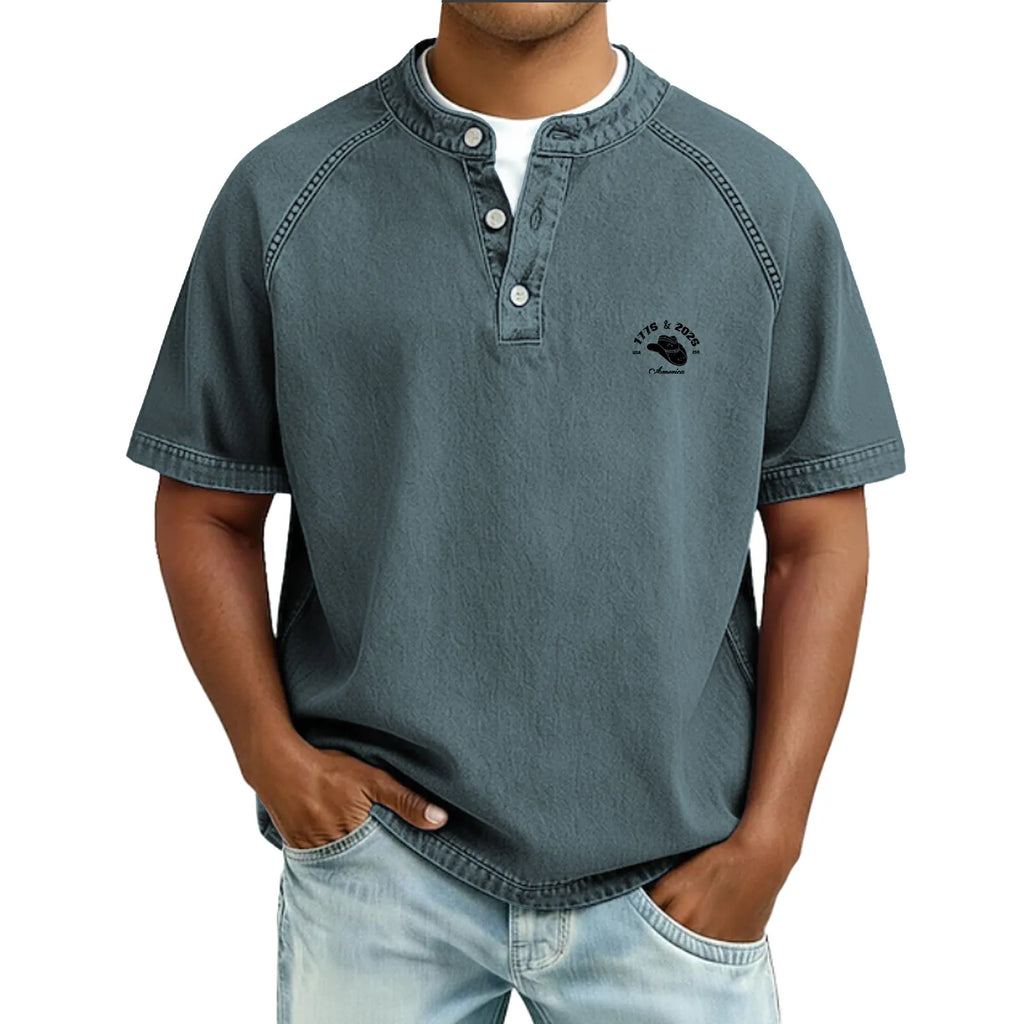 Men's T Shirt Henley Shirt 100% Cotton Acid Wash Shirt Tee Top Short Sleeve Plain Vintage Streetwear Casual Washed Raglan Sleeves Stand Collar Henley Casual Home Street Fall & Winter Spring Fall