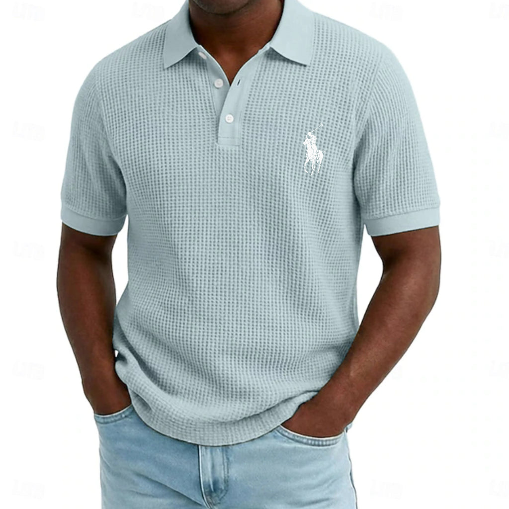 Men's Waffle Polo Shirts Textured Casual Holiday Lapel Ribbed Polo Collar Short