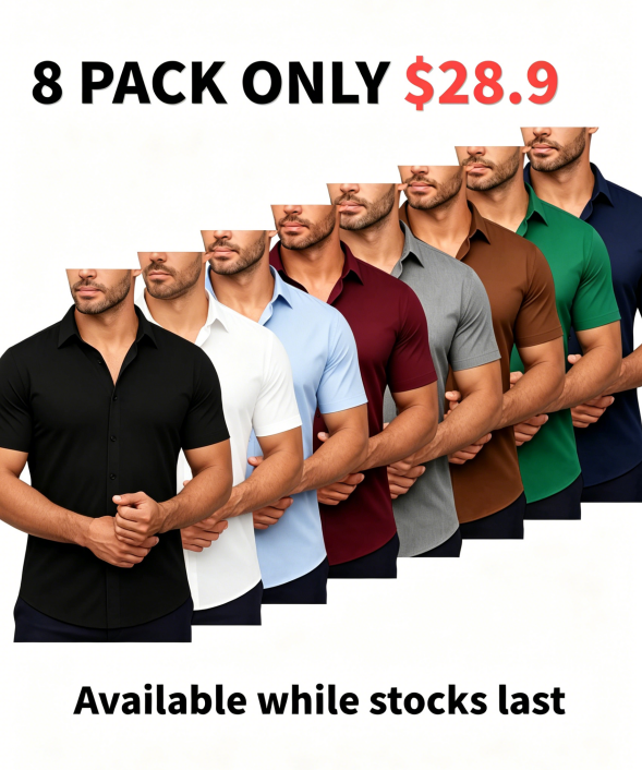 8-Pack Alimens&Gentle Men's Stretch Dress Shirts Short Sleeve Slim Fit Business Casual Button Down Shirts Muscle Fit Men's Dress Shirts Shortsleeve Menswear gifts for dad Top Plain