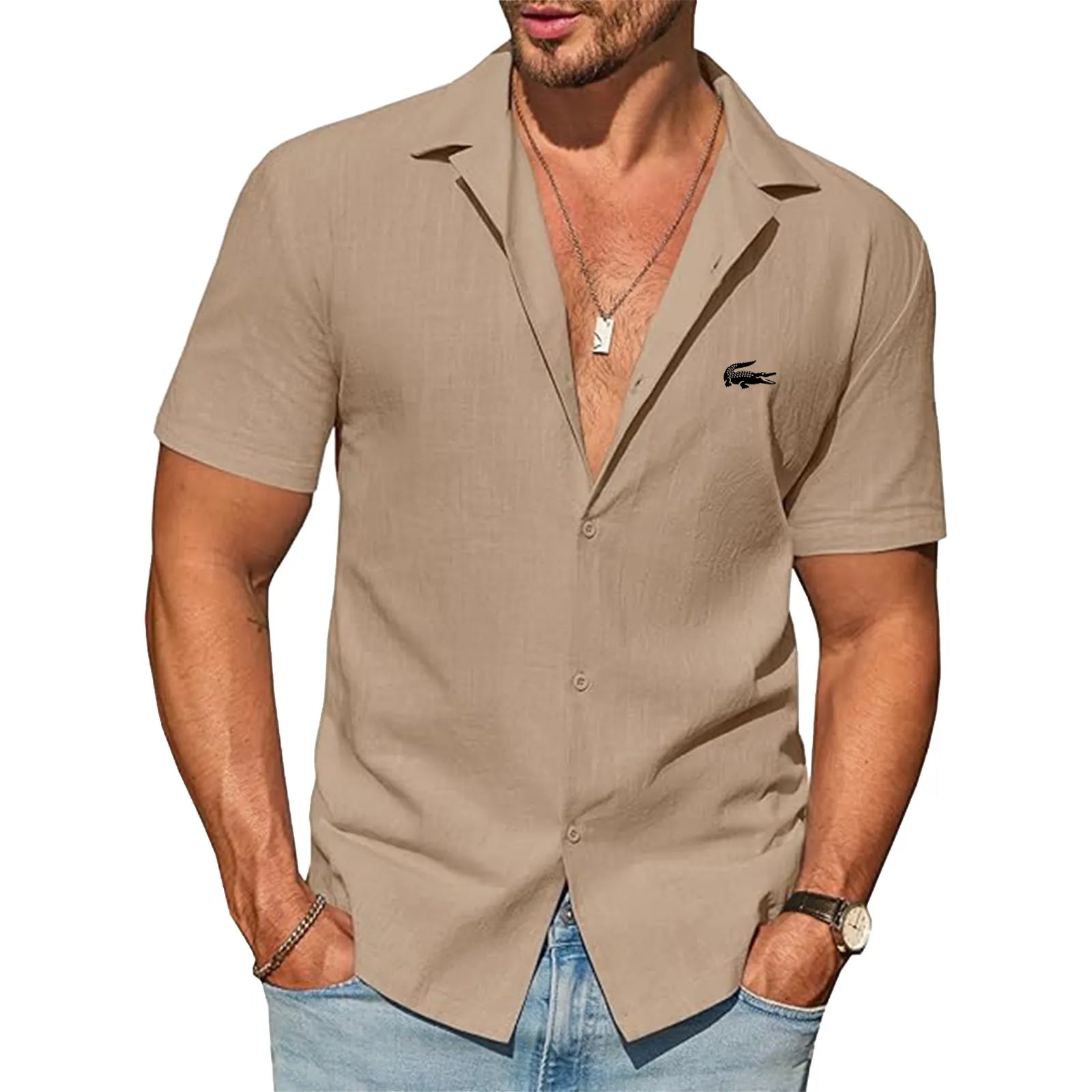 Mens Button Down Cotton Shirt Short Sleeve Casual Linen Untucked