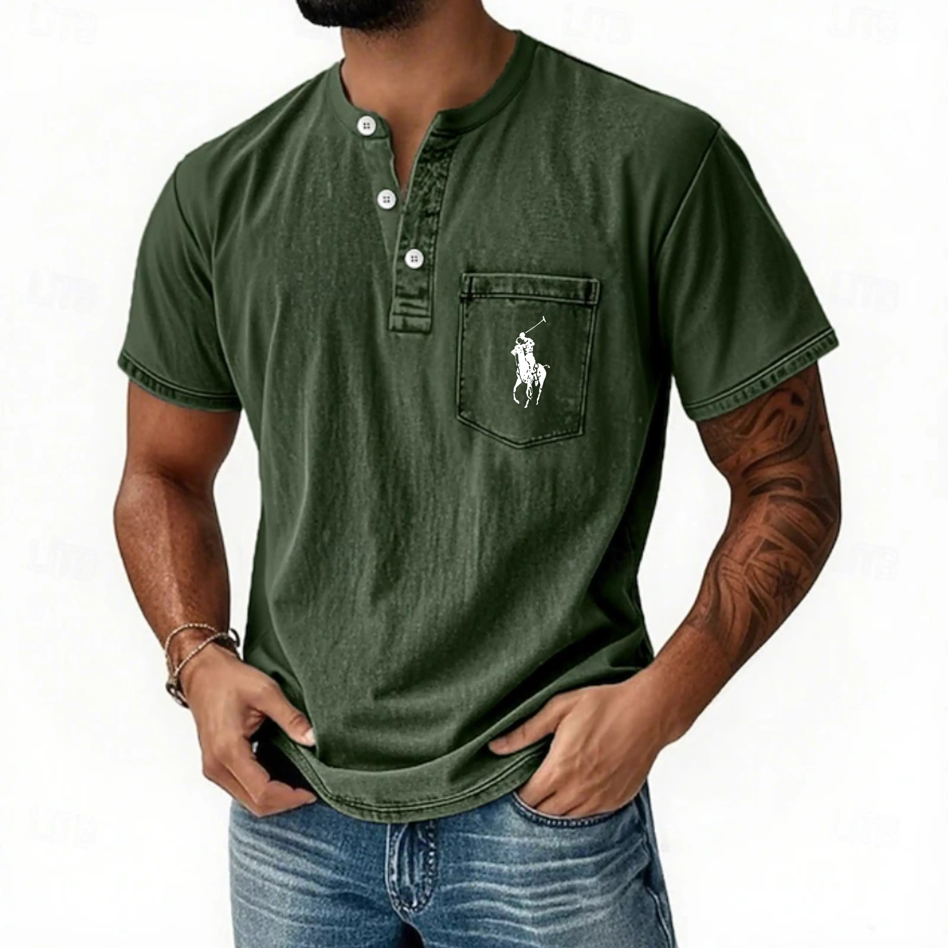 Men's Henley Shirt 100% Cotton Acid Wash Shirt T shirt Tee Short