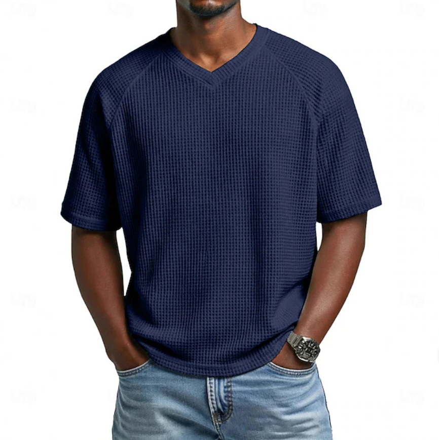 Men's Waffle T-shirt Tee Top Short Sleeve V Neck Summer Solid Color  Casual Raglan Sleeves