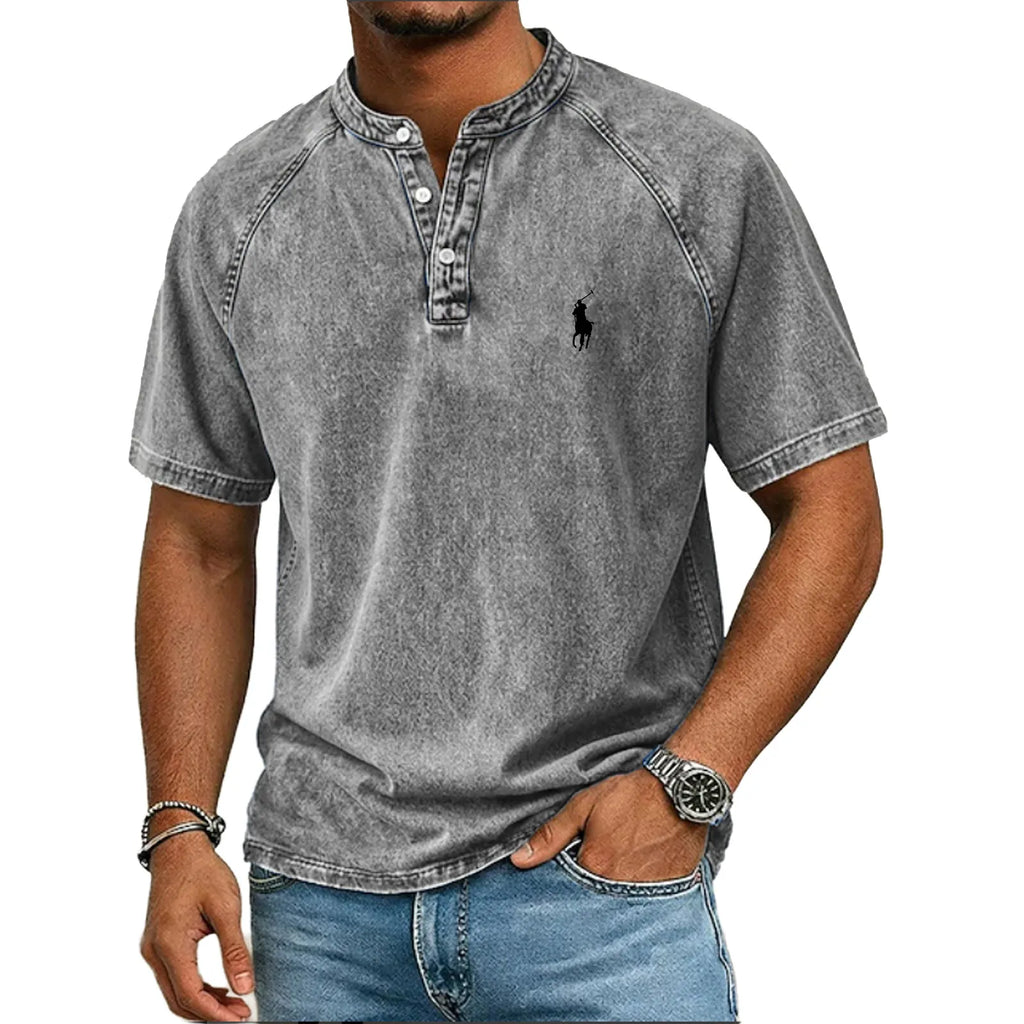 Men's Acid Wash Shirt Short Sleeve Color Block Patchwork