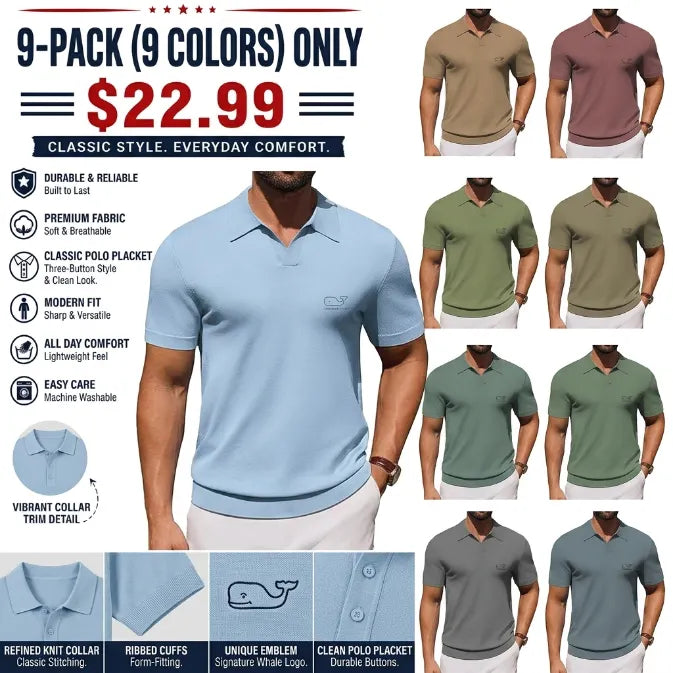 J.VER Polo Shirts for Men Short Sleeve V Neck Knit Polo Shirt Casual Vintage