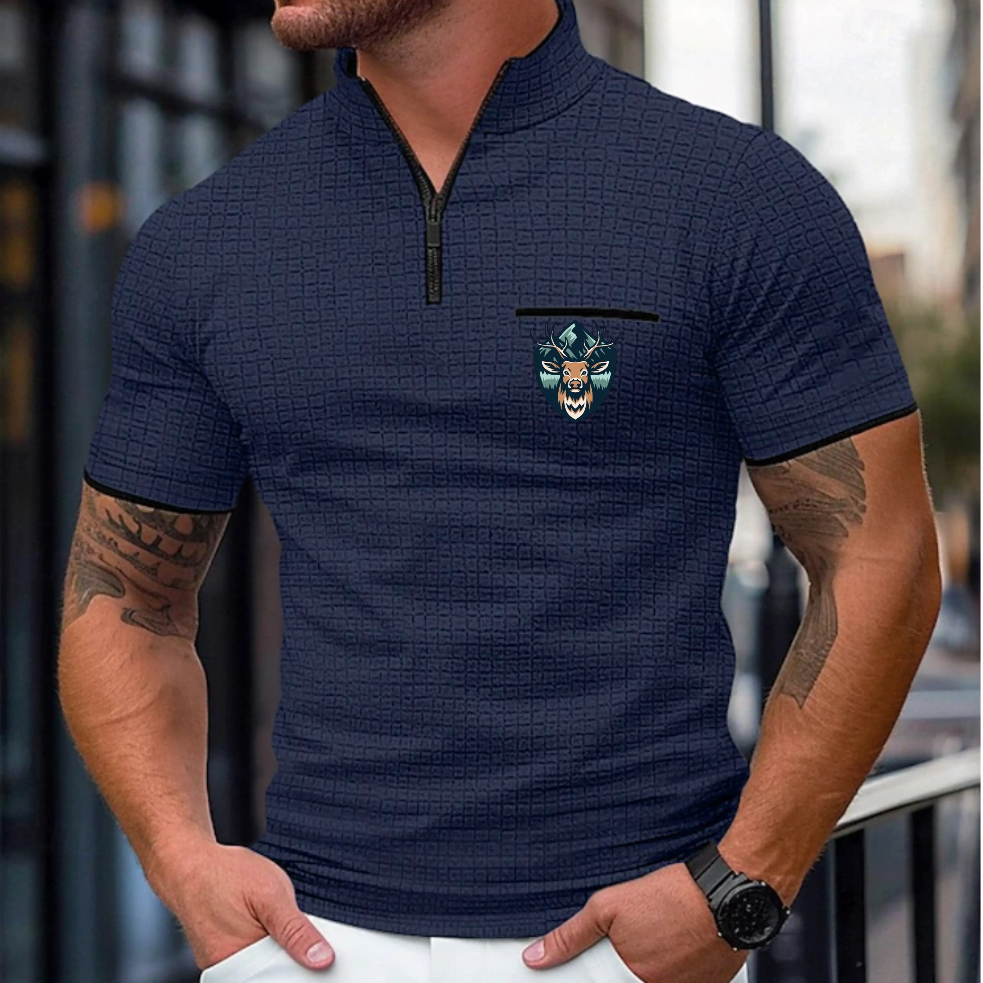 Men's Waffle Polo Shirts Zip Polo Casual Holiday Quarter Zip Short