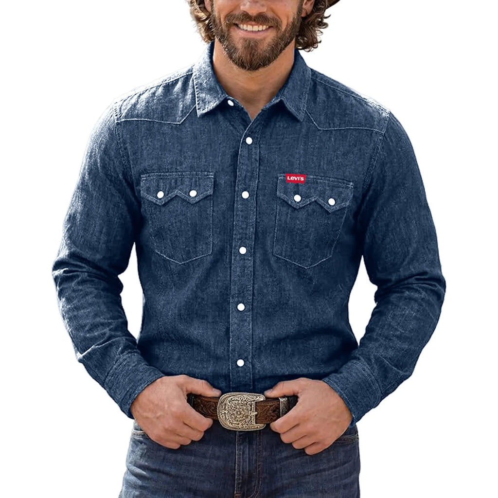 Mens Western Pearl Snap Denim Shirt Linen Blend Long Sleeve Lightweight