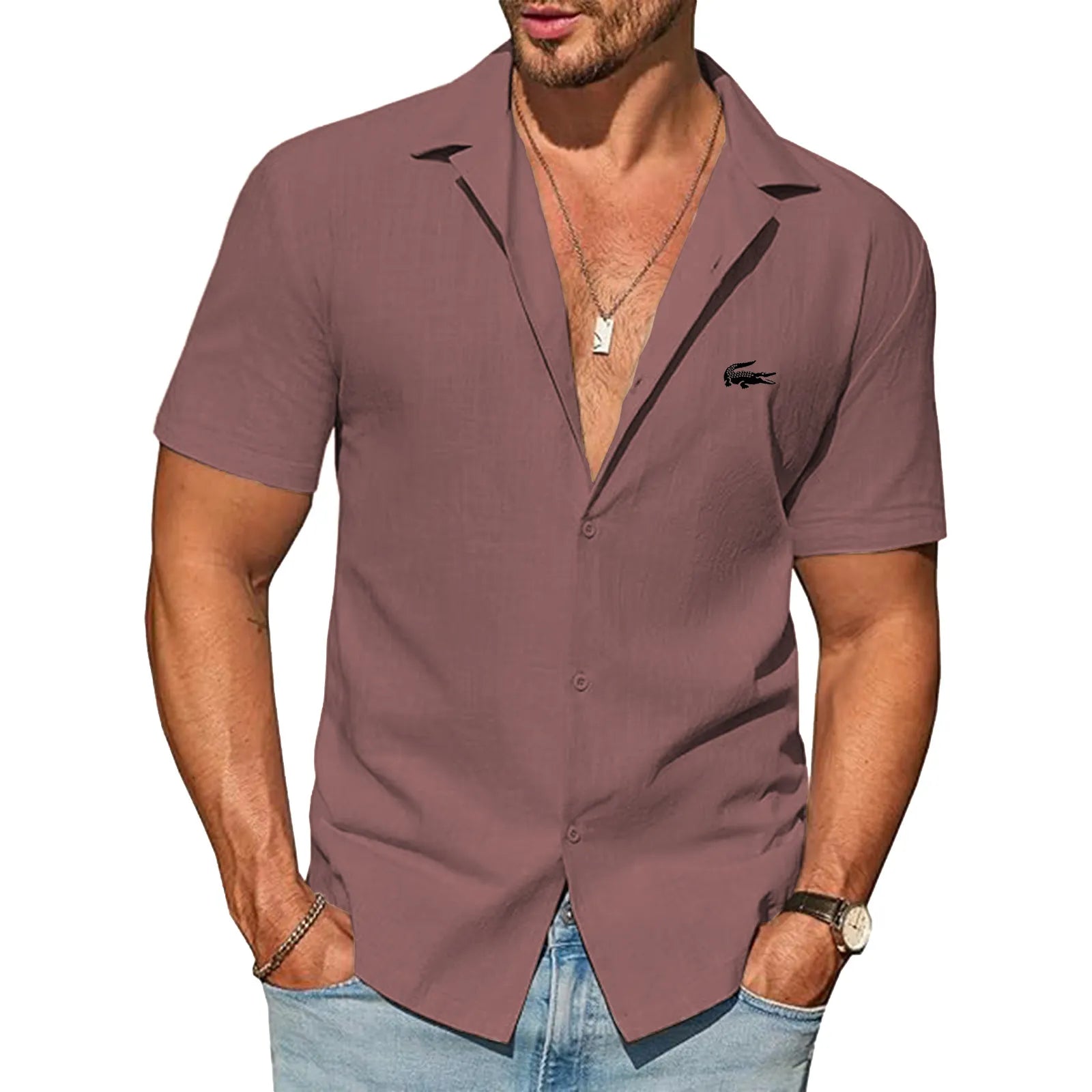 Mens Button Down Cotton Shirt Short Sleeve Casual Linen Untucked