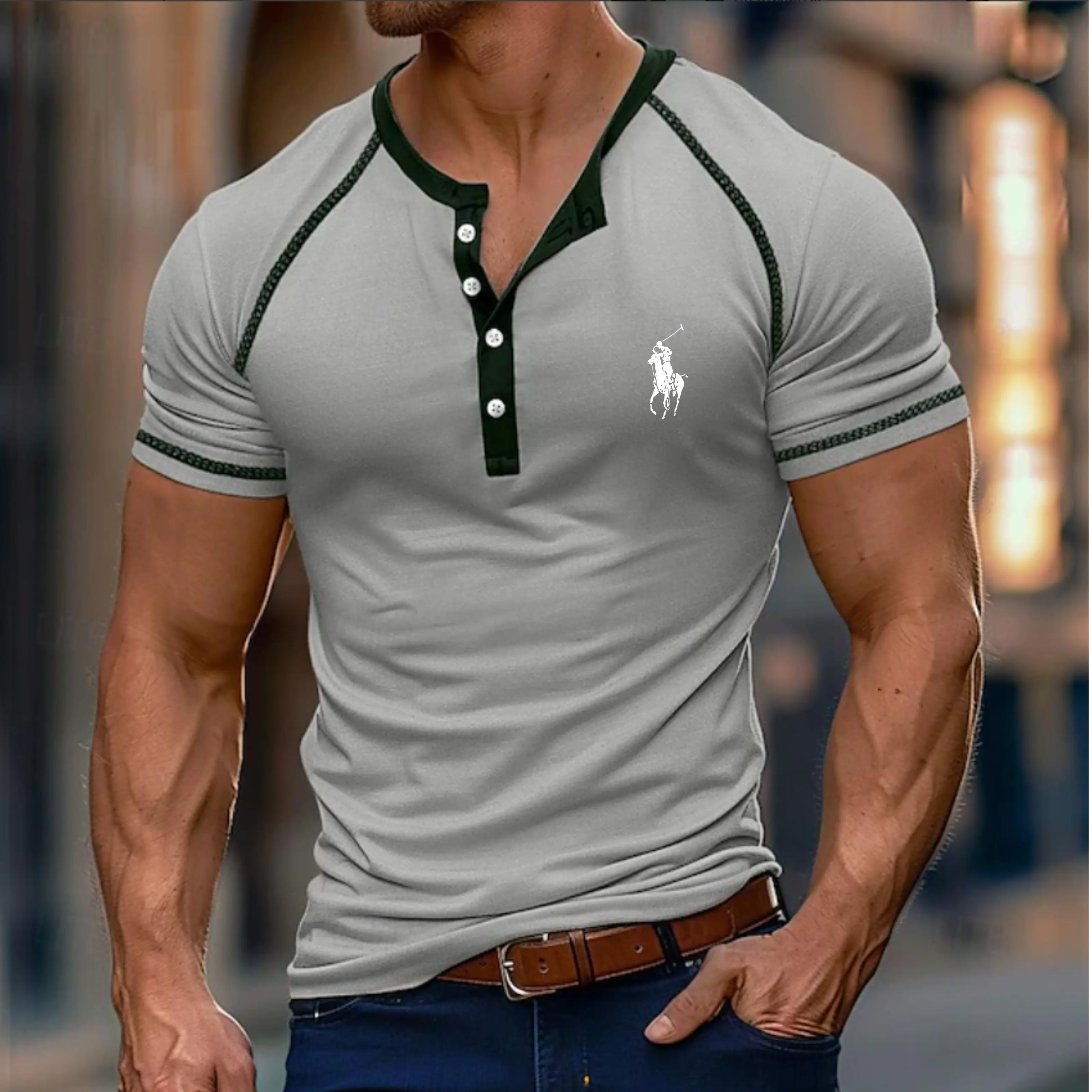 Men's T Shirt Henley Shirt Tee Top Short Sleeve Color Block