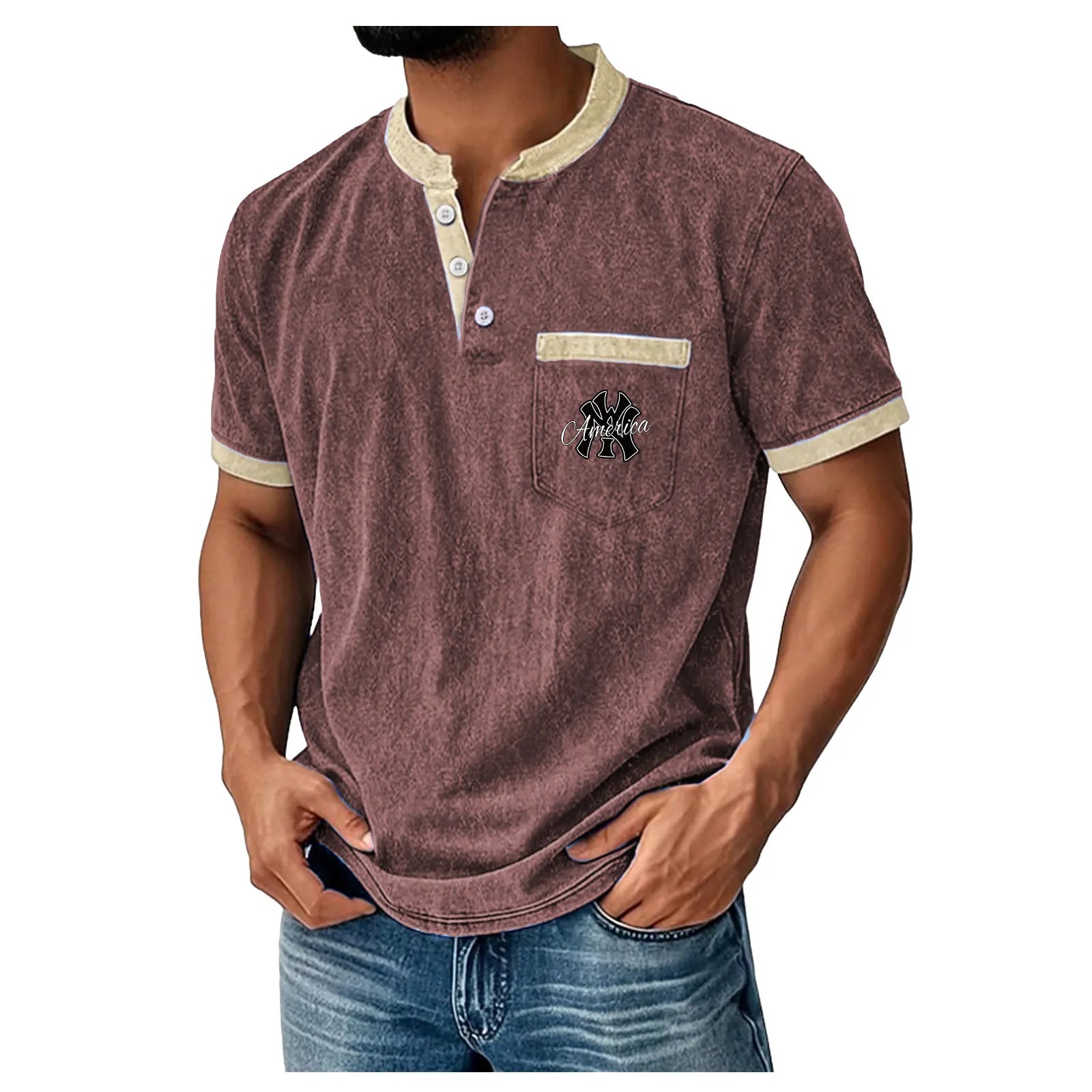 Men's Henley Shirt 100% Cotton Acid Wash Shirt T shirt Tee Short Sleeve Solid Retro