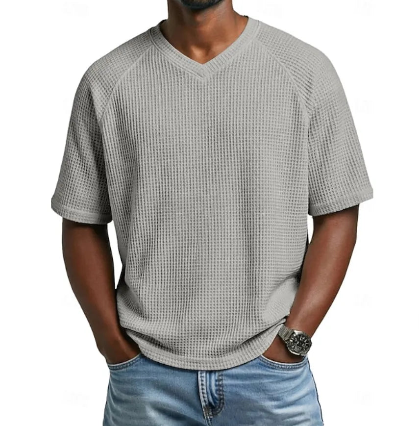 Men's Waffle T-shirt Tee Top Short Sleeve V Neck Summer Solid Color  Casual Raglan Sleeves
