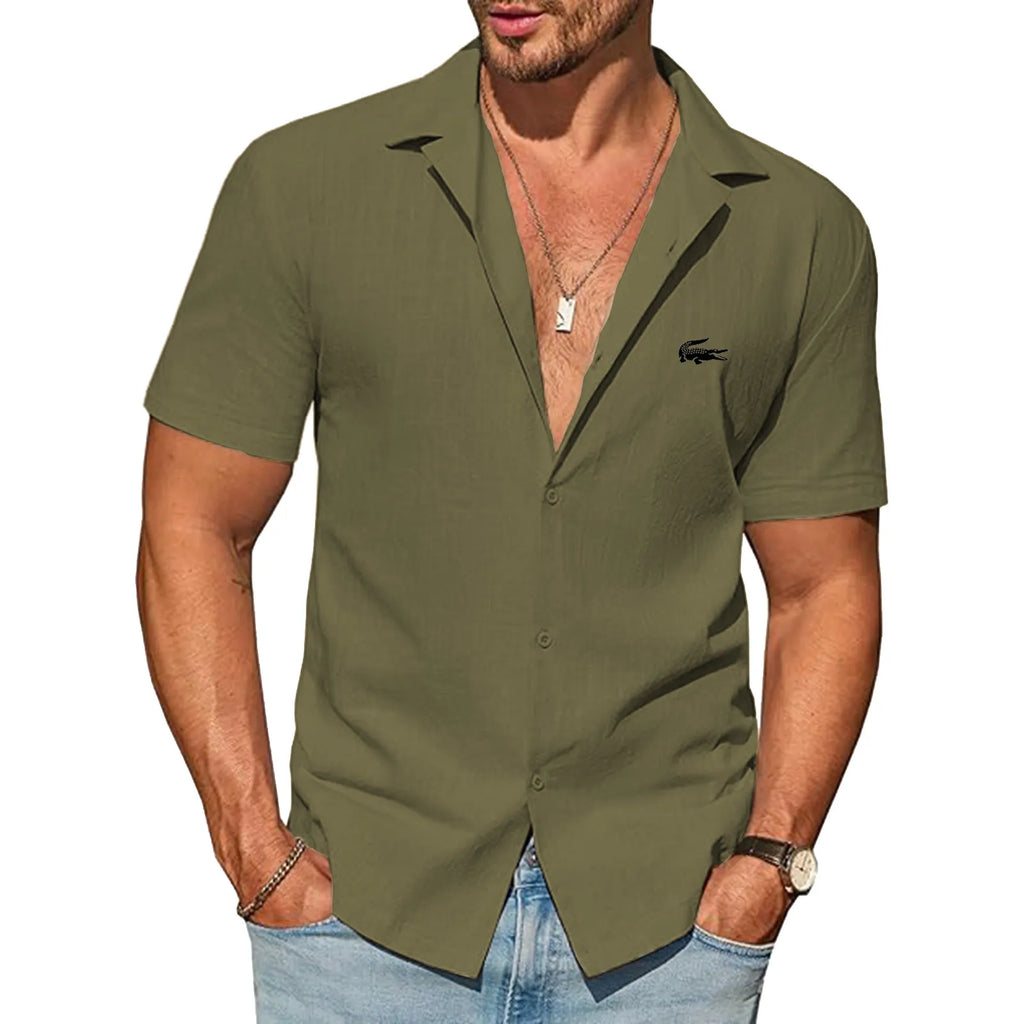 Mens Button Down Cotton Shirt Short Sleeve Casual Linen Untucked
