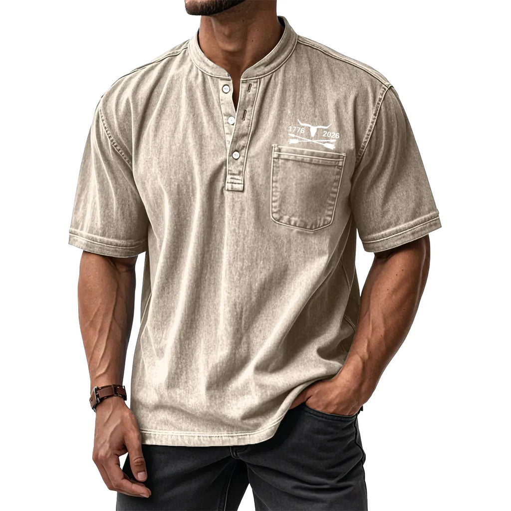 Men's Washed Cotton Short Sleeve Henley T-Shirt