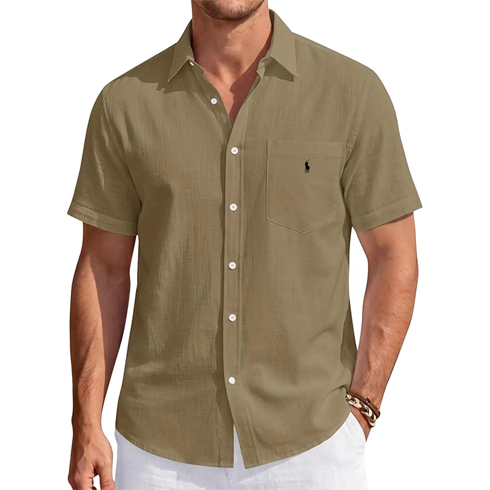 Men's Linen Short Sleeve Shirts Cotton Casual Lightweight Button Down Shirt