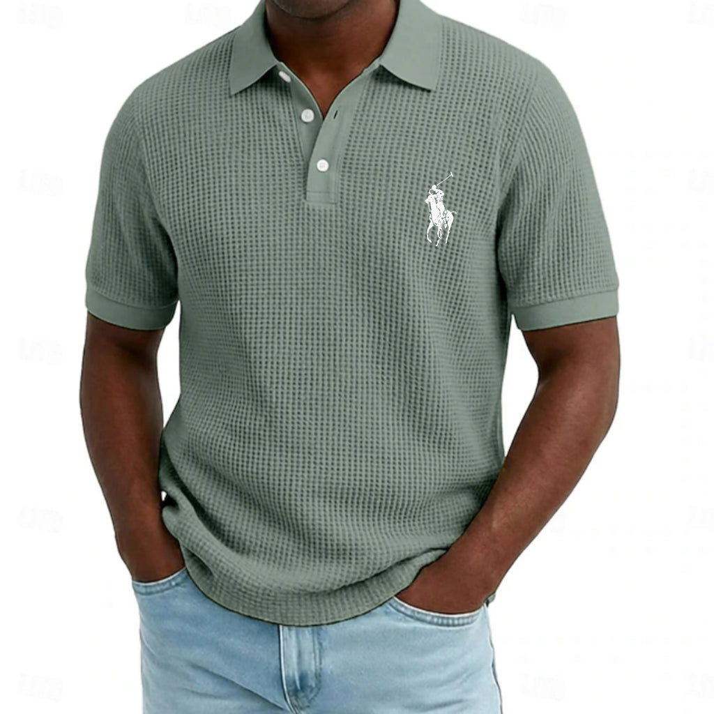 Men's Waffle Polo Shirts Textured Casual Holiday Lapel Ribbed Polo Collar Short