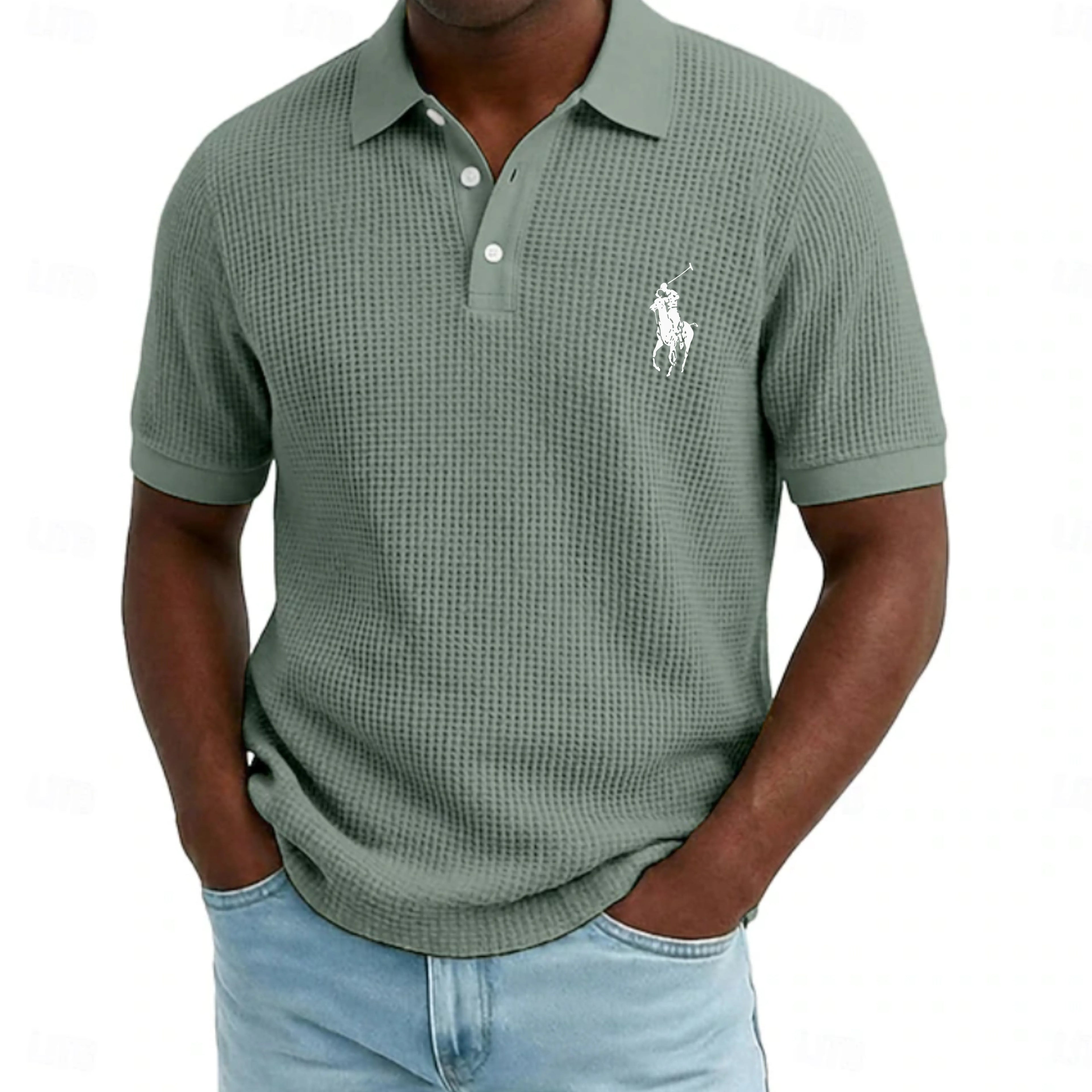 Men's Waffle Polo Shirts Textured Casual Holiday Lapel Ribbed Polo Collar Short