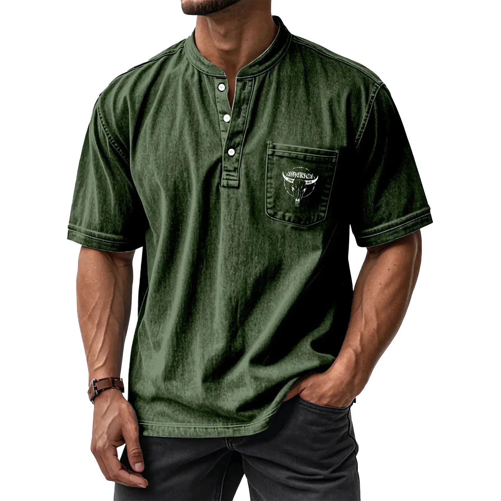 Men's Washed Cotton Short-Sleeve Henley Collar T-Shirt (Upgraded Version)