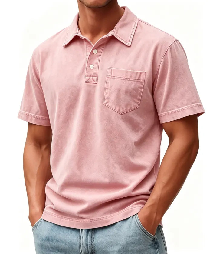 Men's Polo Shirts 100% Cotton Acid Wash Shirt Casual  Sleeve Fashion Basic Plain Vintage