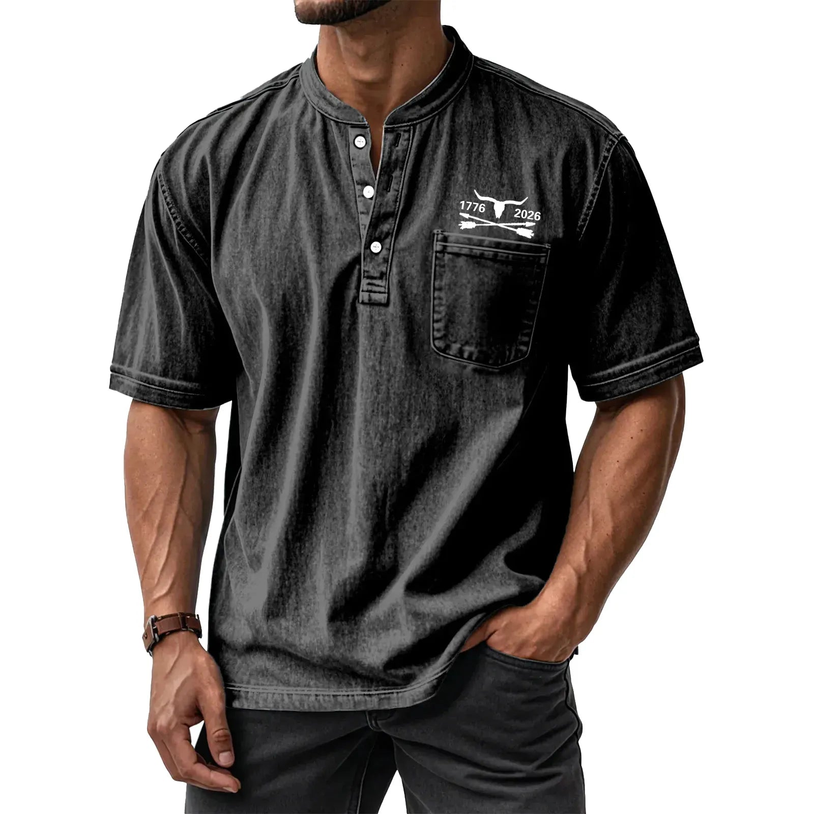 Men's Washed Cotton Short Sleeve Henley T-Shirt