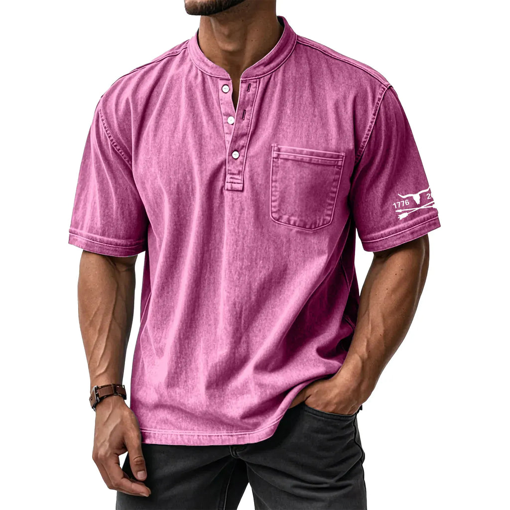 Men's Washed Cotton Short Sleeve Henley T-Shirt