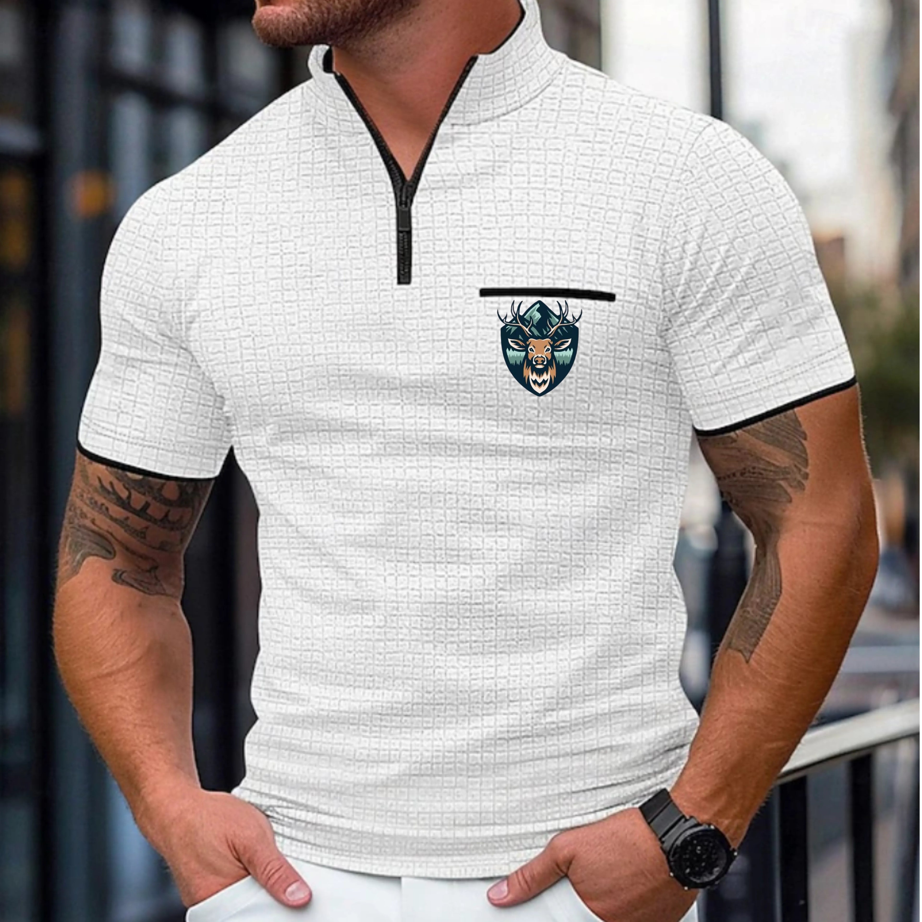 Men's Waffle Polo Shirts Zip Polo Casual Holiday Quarter Zip Short