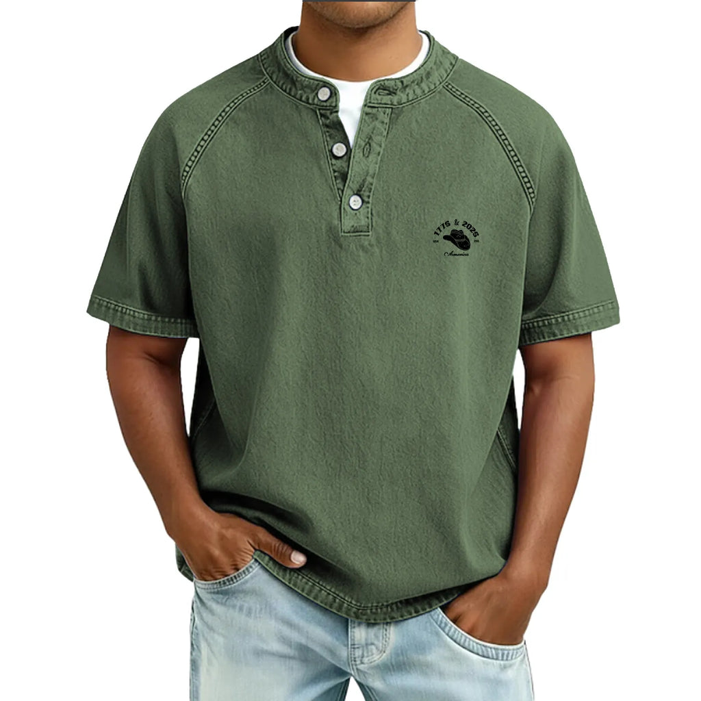 Men's T Shirt Henley Shirt 100% Cotton Acid Wash Shirt Tee Top Short Sleeve Plain Vintage Streetwear Casual Washed Raglan Sleeves Stand Collar Henley Casual Home Street Fall & Winter Spring Fall