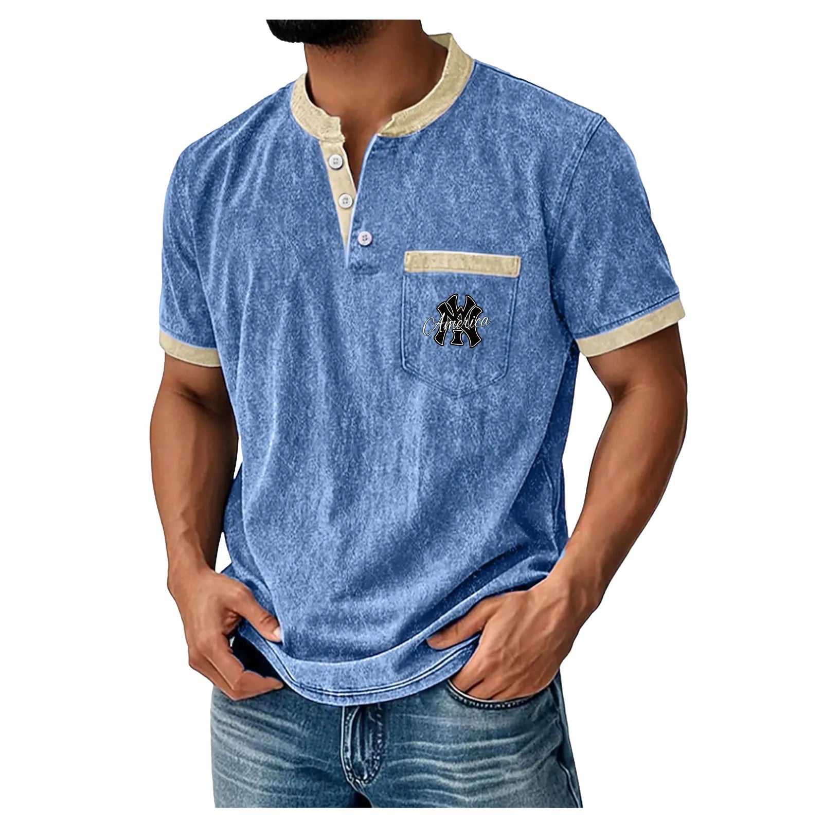 Men's Henley Shirt 100% Cotton Acid Wash Shirt T shirt Tee Short Sleeve Solid Retro